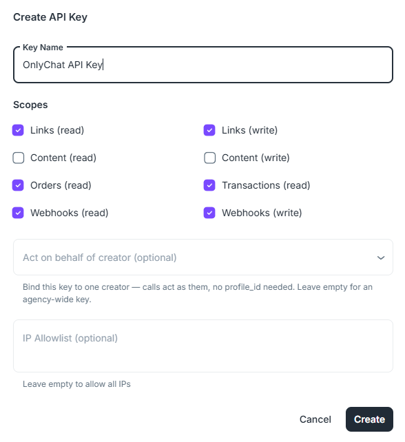 Creating an API key on Dropp.fans with all required scopes
