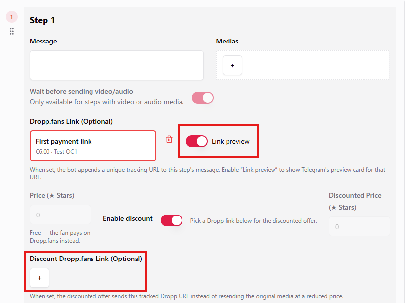 Enabling a discount Dropp.fans link and toggling the link preview