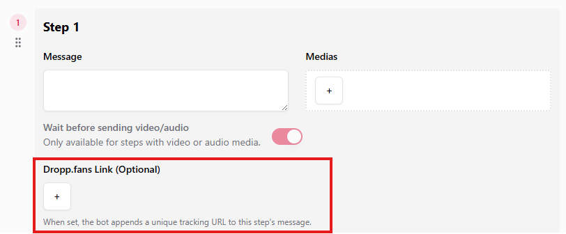 Dropp.fans link picker in the step editor