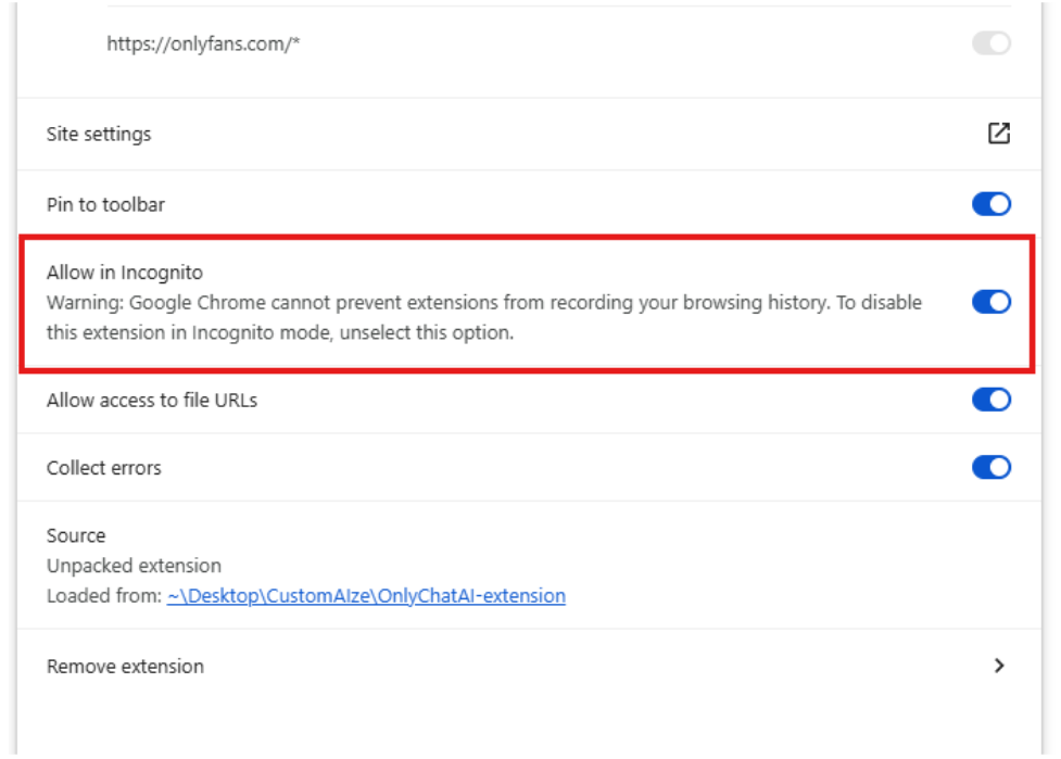 Enable in incognito