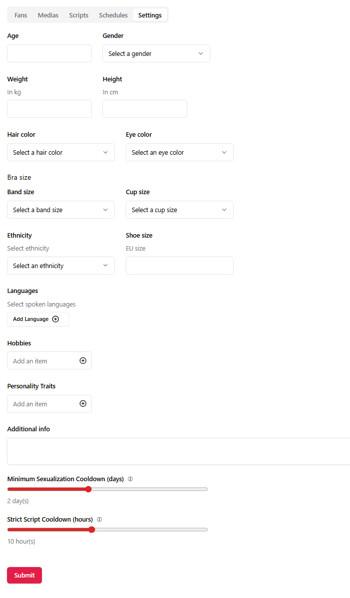 Cooldown Settings Sliders