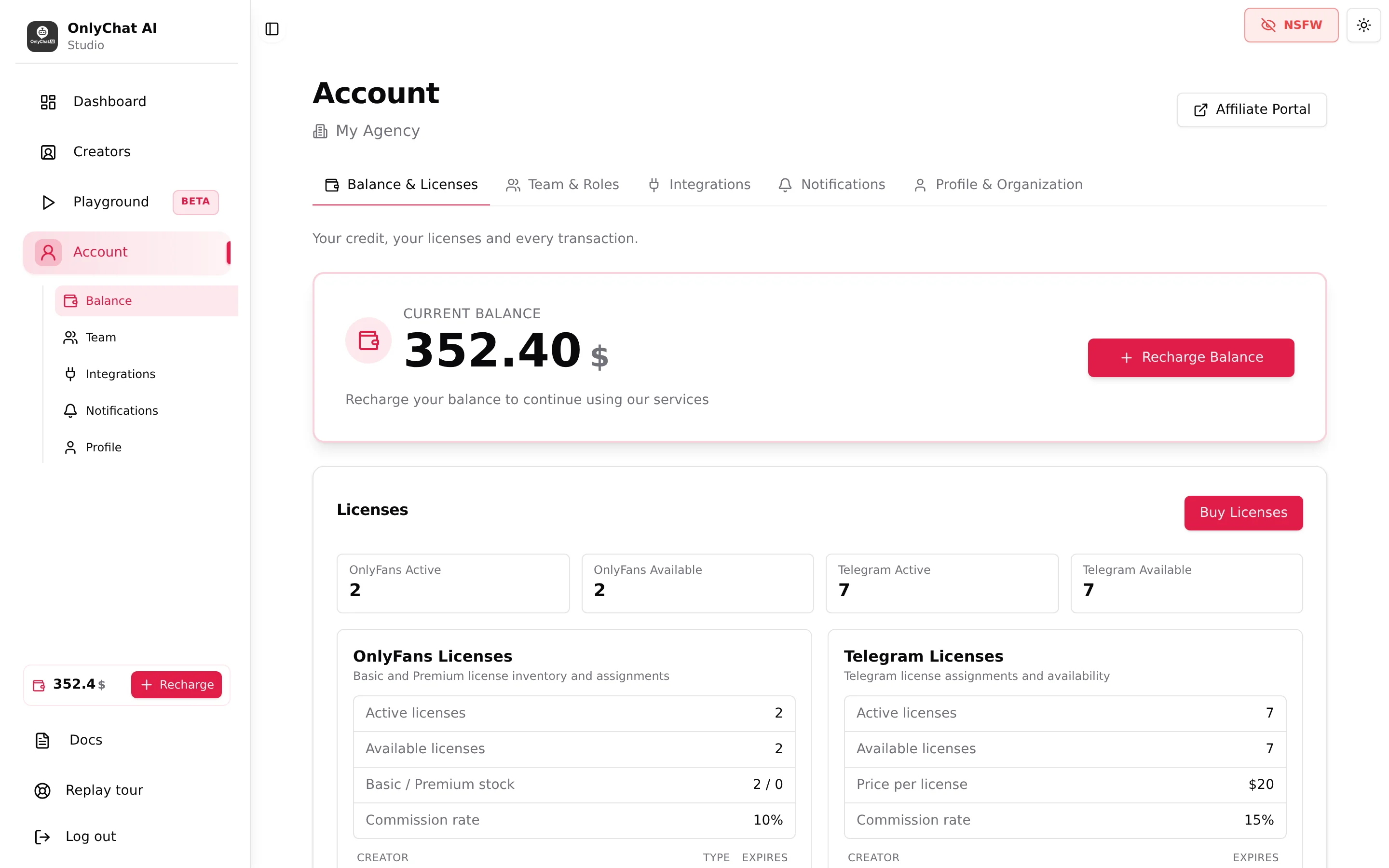 Account page, Balance and Licenses tab with the Current Balance card and the Buy Licenses button