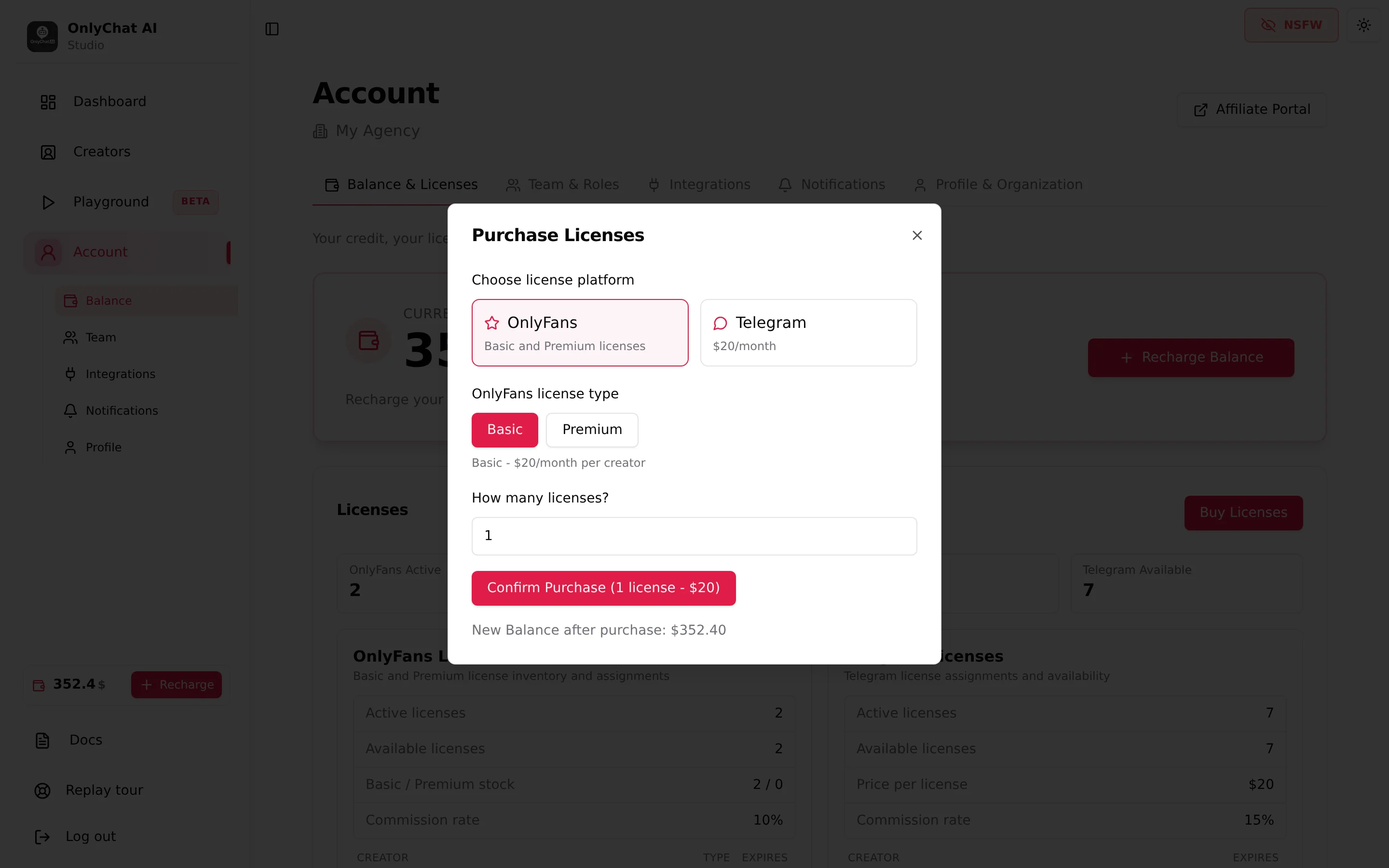 Purchase Licenses modal with the platform choice