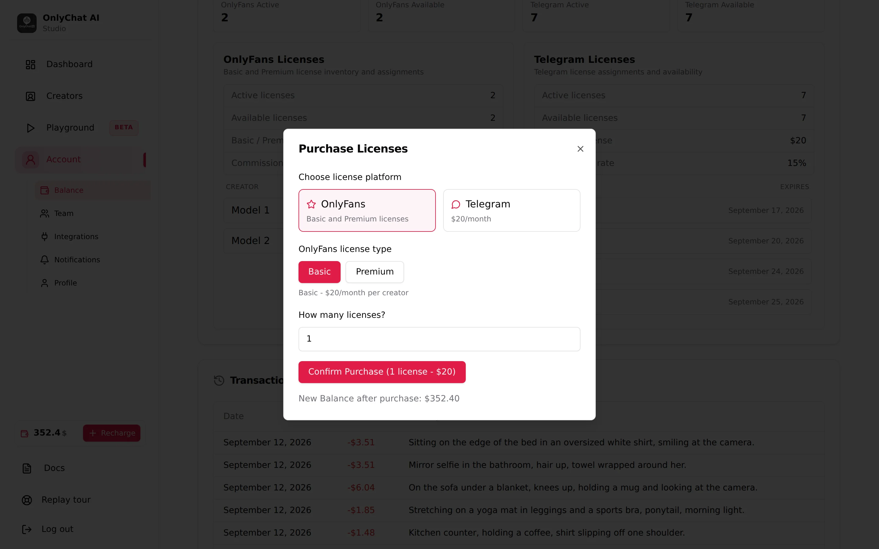 Fenêtre Purchase Licenses avec l'offre Telegram, licence seule et packs