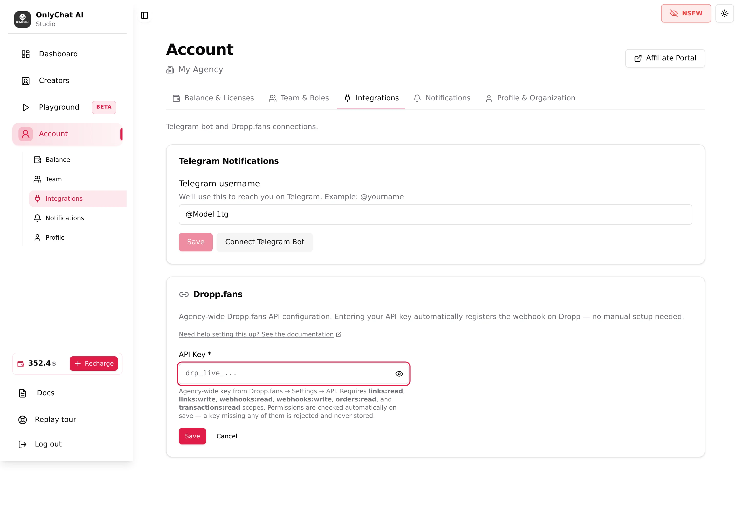 Dropp.fans configuration form with the API Key field and Show password control