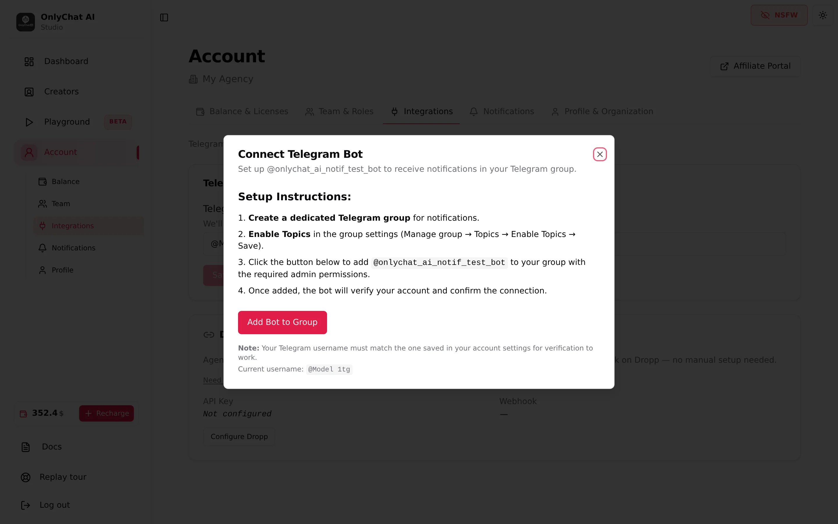 Connect Telegram Bot modal with the setup instructions and the Add Bot to Group button