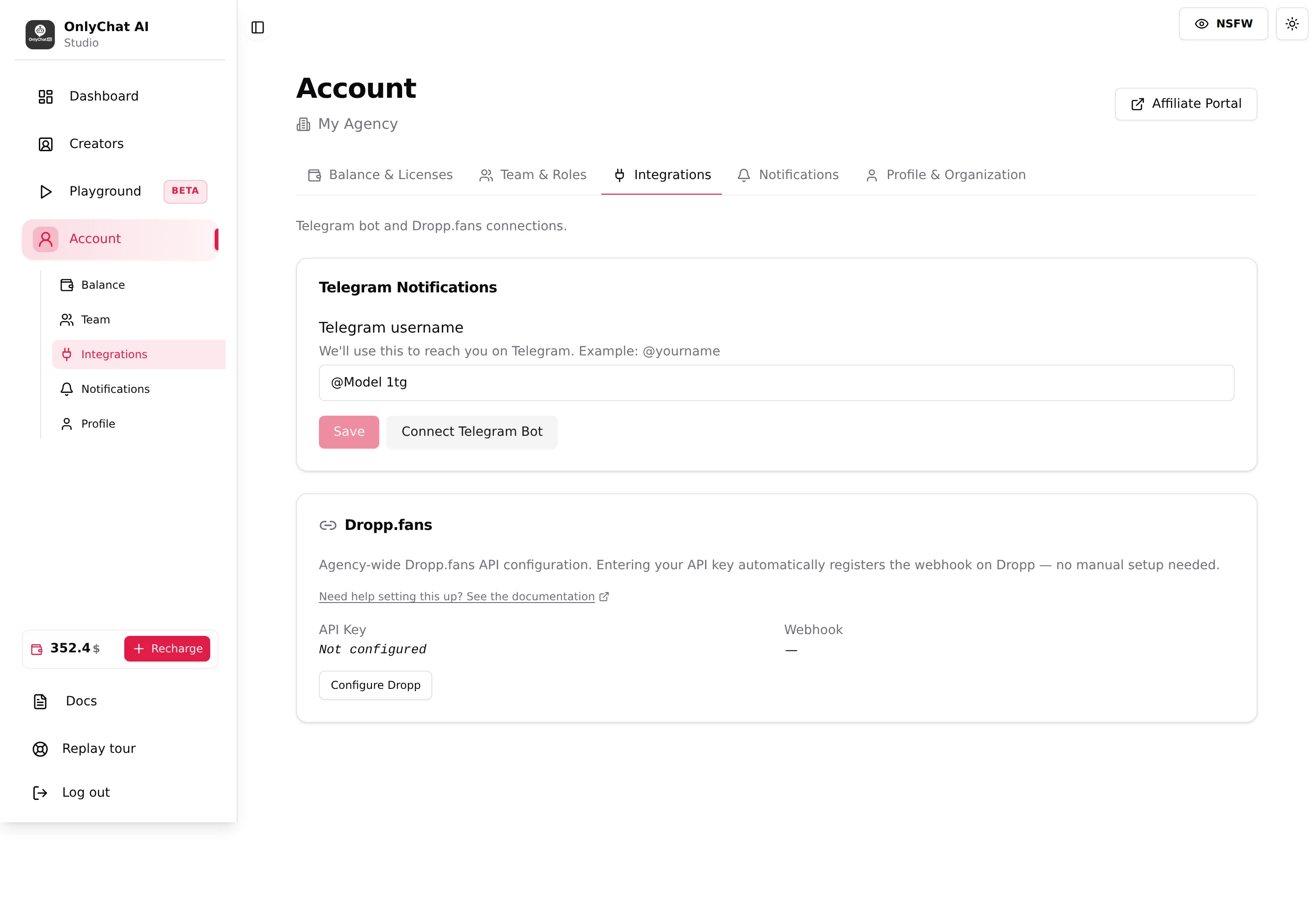 Integrations tab with the Telegram Notifications card and the Dropp.fans card
