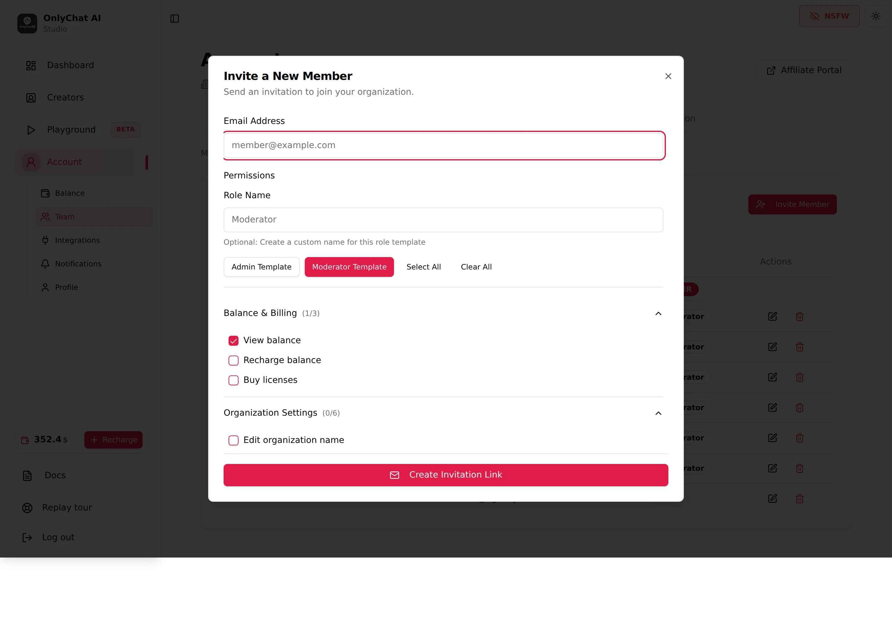 Invite a New Member modal with the email field, the role name, the templates and the permission groups