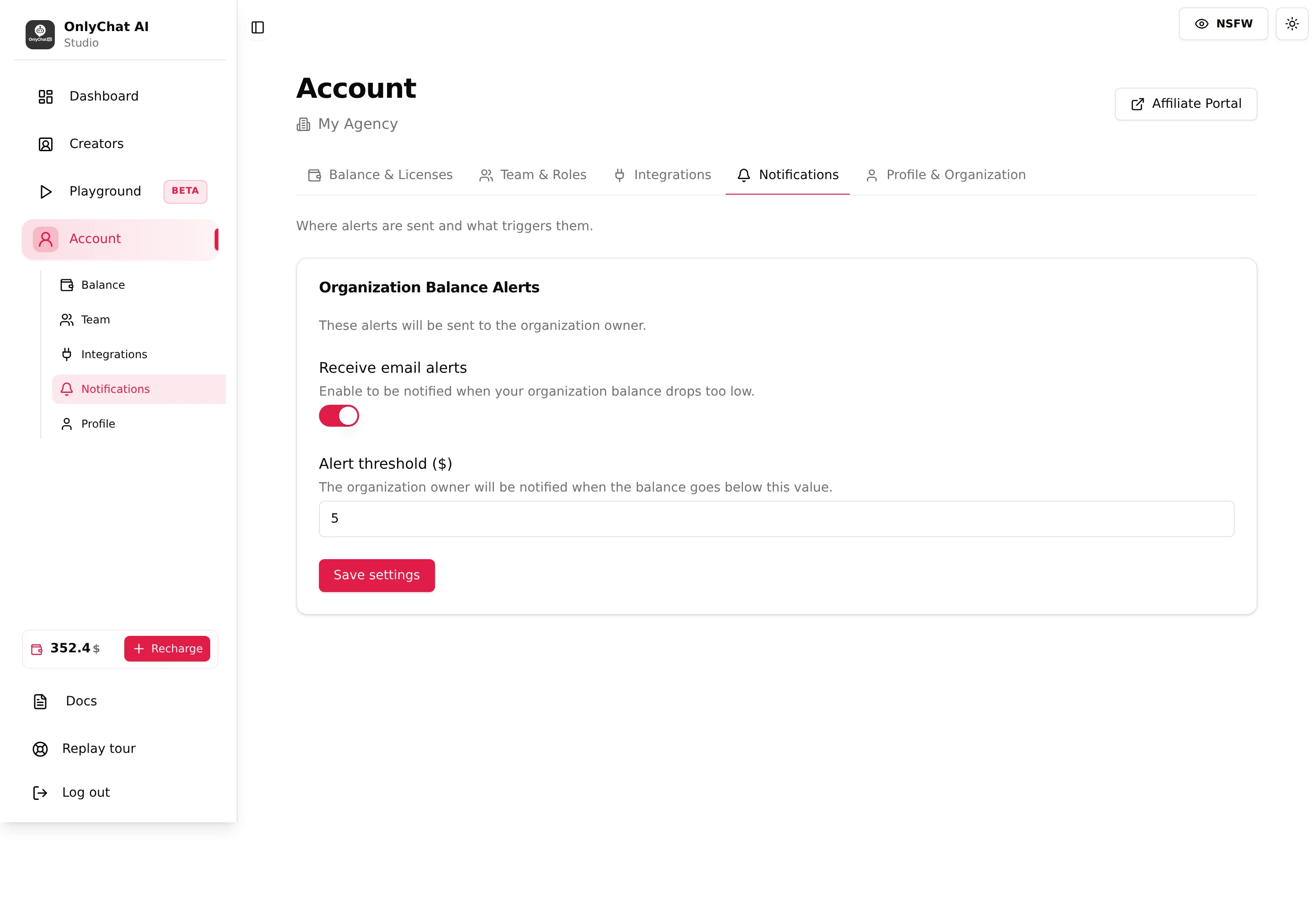 Notifications tab of the Account page with the Organization Balance Alerts card