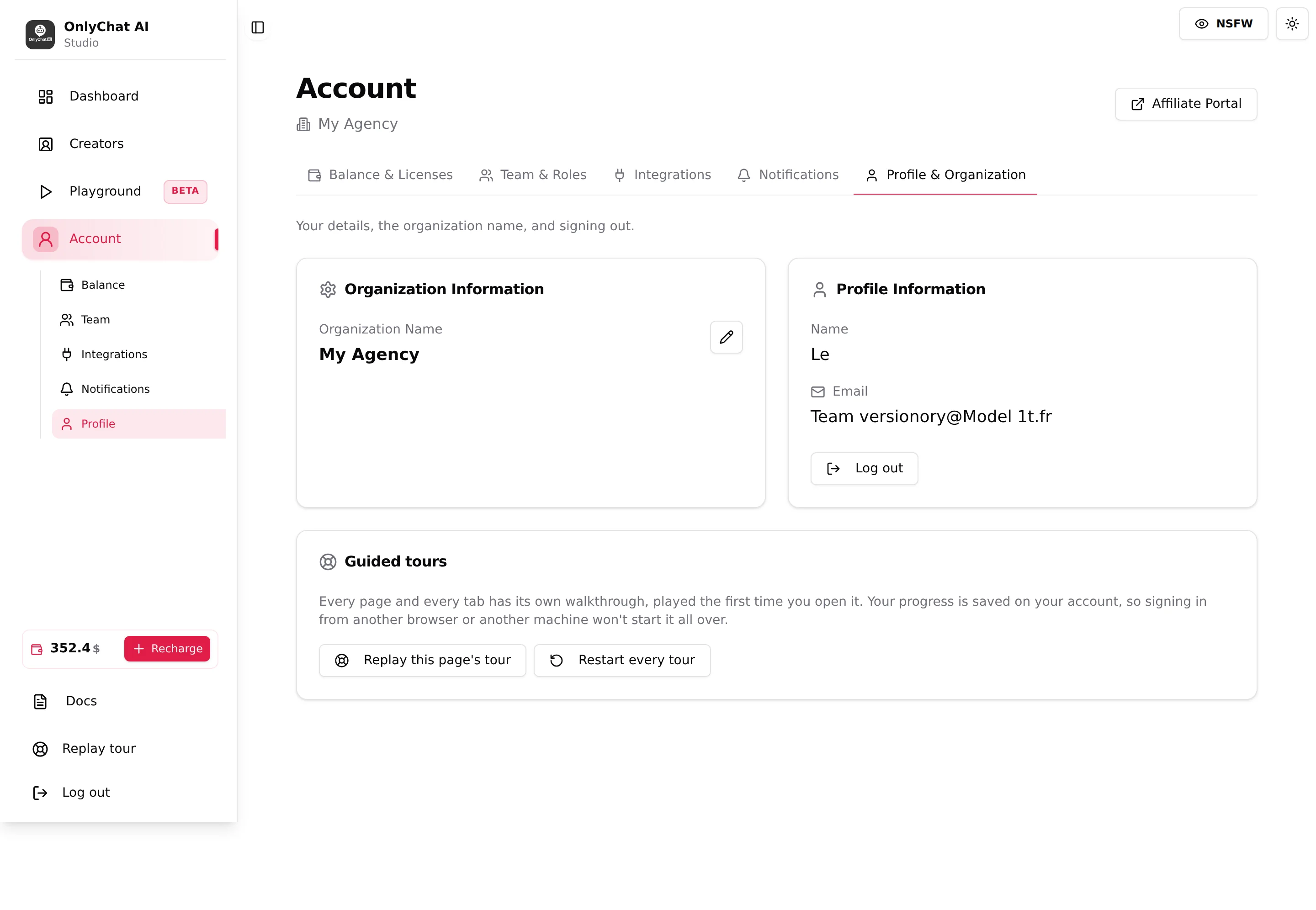 Account, Profile and Organization tab with the organization name, profile information and the Guided tours card