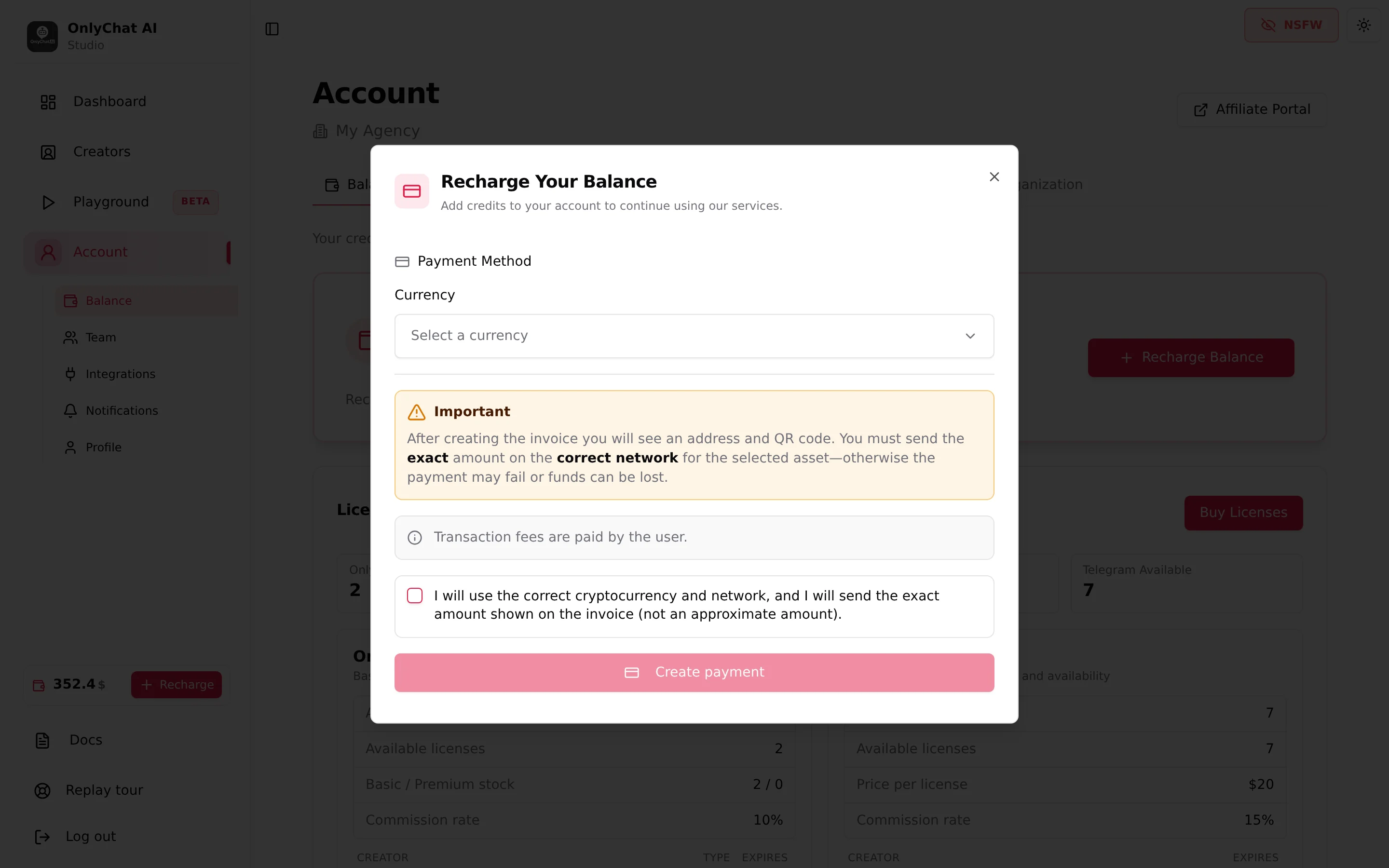 Recharge Your Balance modal, step 1, with the currency select, the Important box, the confirmation checkbox and the Create payment button