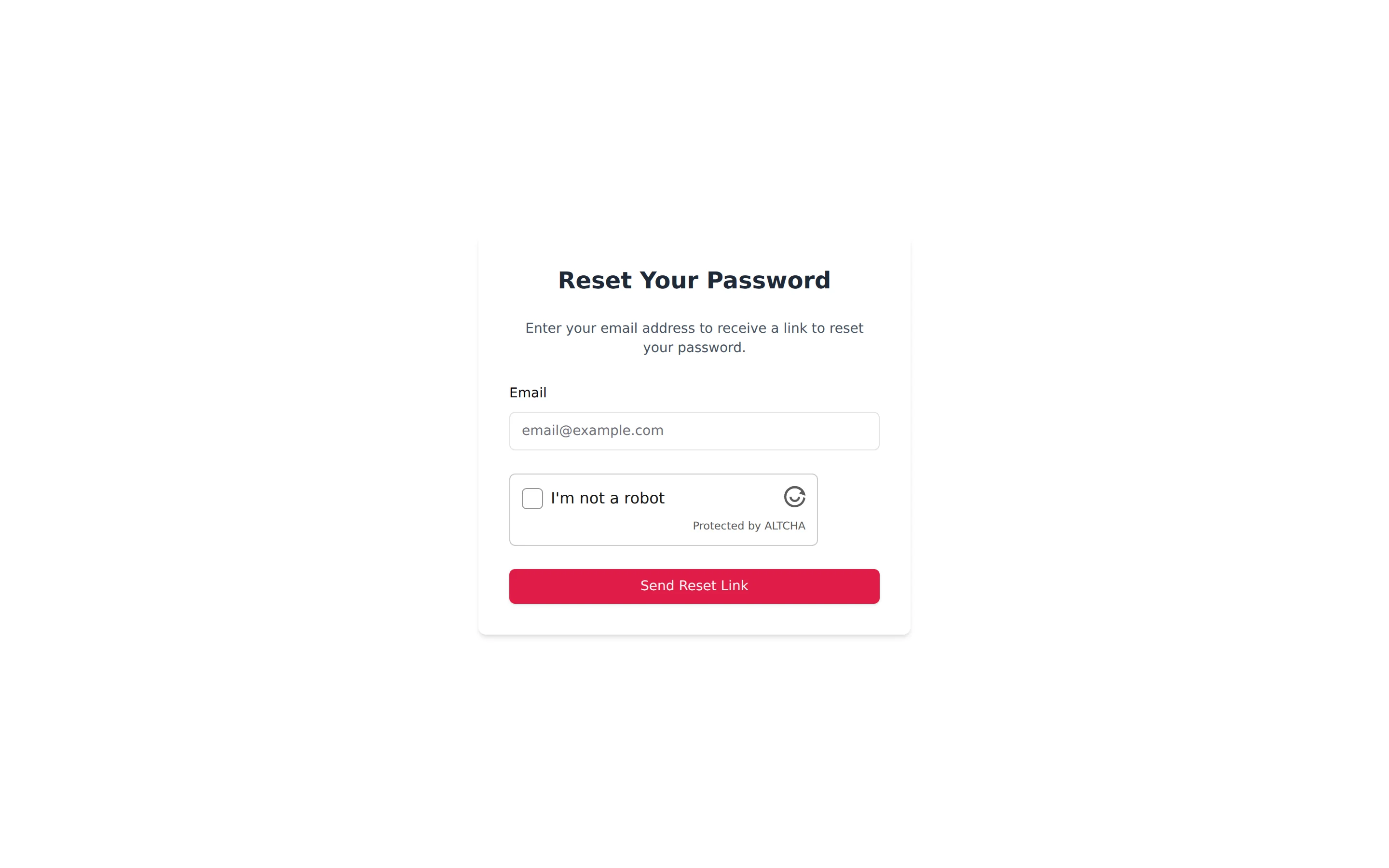 Reset Your Password page with an email field and the Send Reset Link button