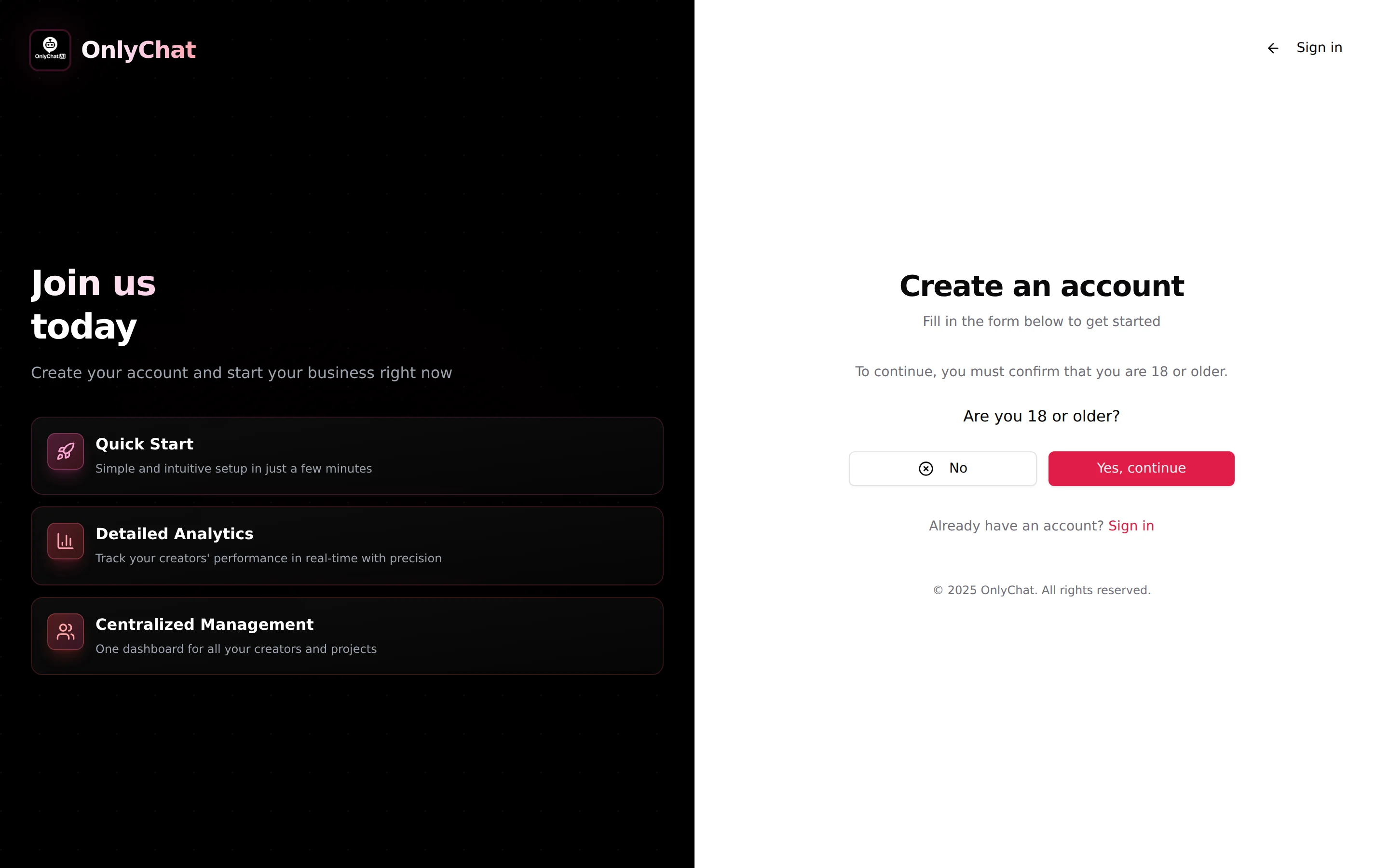 Sign-up page with the 18 or older confirmation before the form