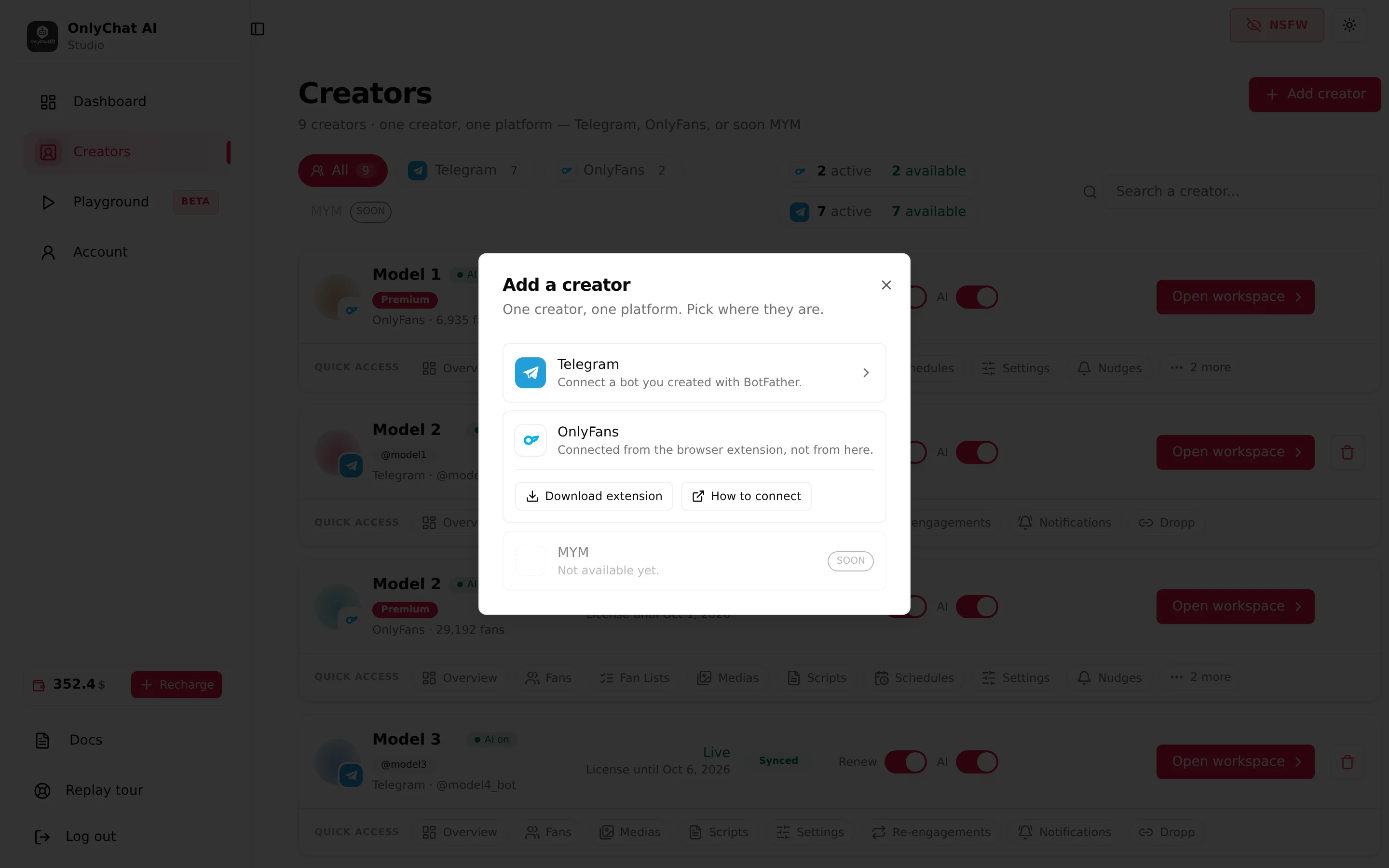 Add a creator dialog with Telegram, OnlyFans and MYM options