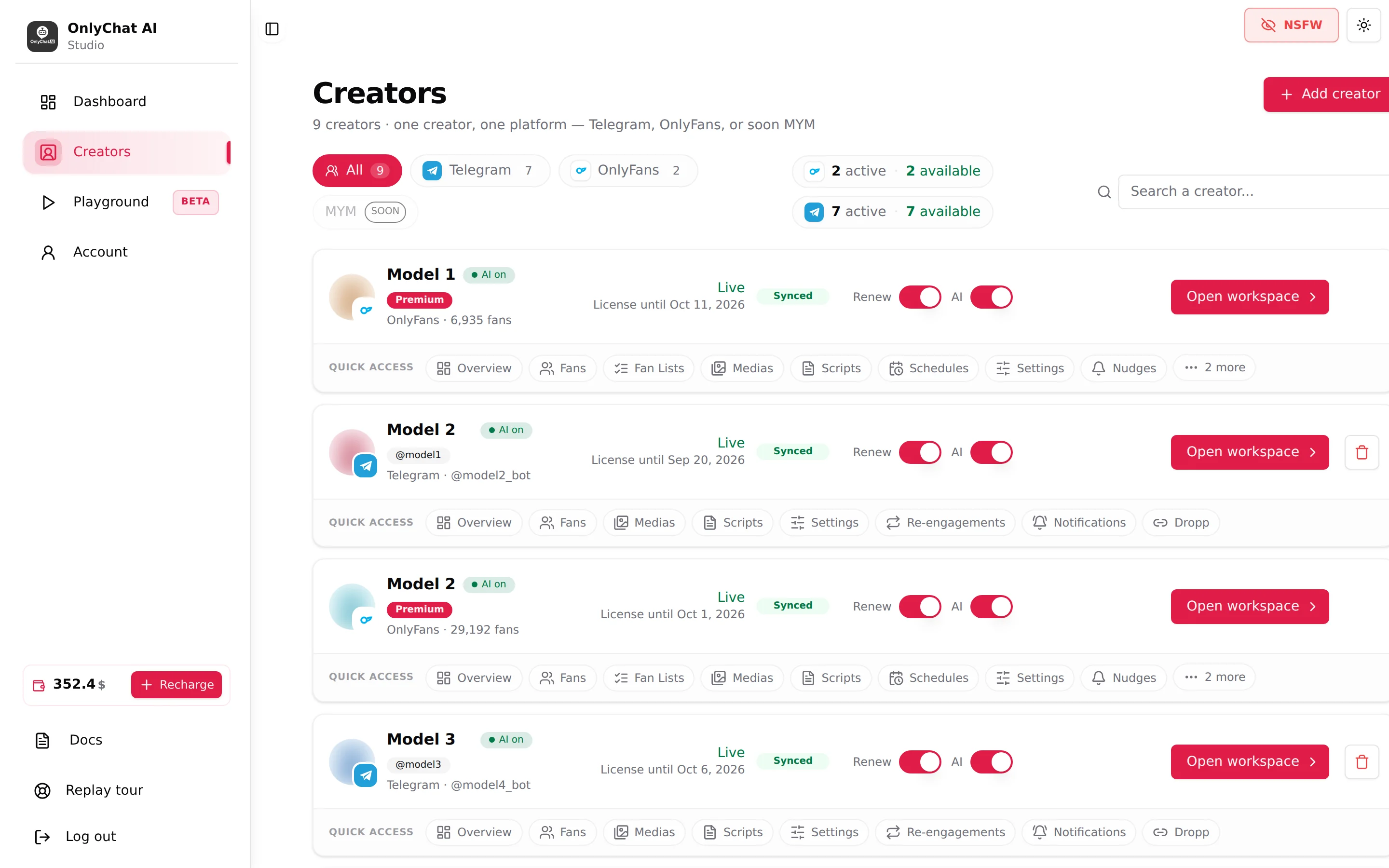 Creators board with the Add creator button, platform filter chips, license counters and one creator card