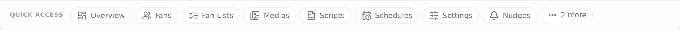 Quick access row of an OnlyFans creator card with tab shortcuts and the N more menu