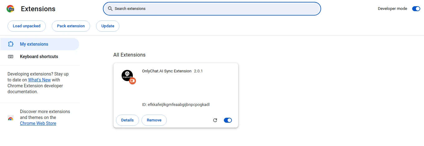 Page des extensions Chrome avec Developer mode activé, le bouton Load unpacked et la carte OnlyChat.AI Sync Extension allumée