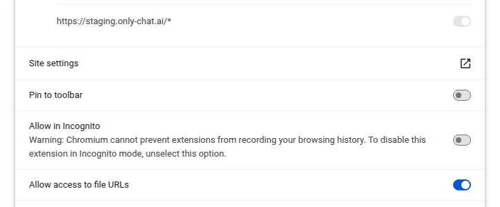 Page Details de l'extension OnlyChat avec l'interrupteur Allow in Incognito