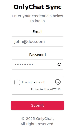 Fenêtre de l'extension OnlyChat Sync demandant l'e-mail et le mot de passe OnlyChat avec la case Je ne suis pas un robot