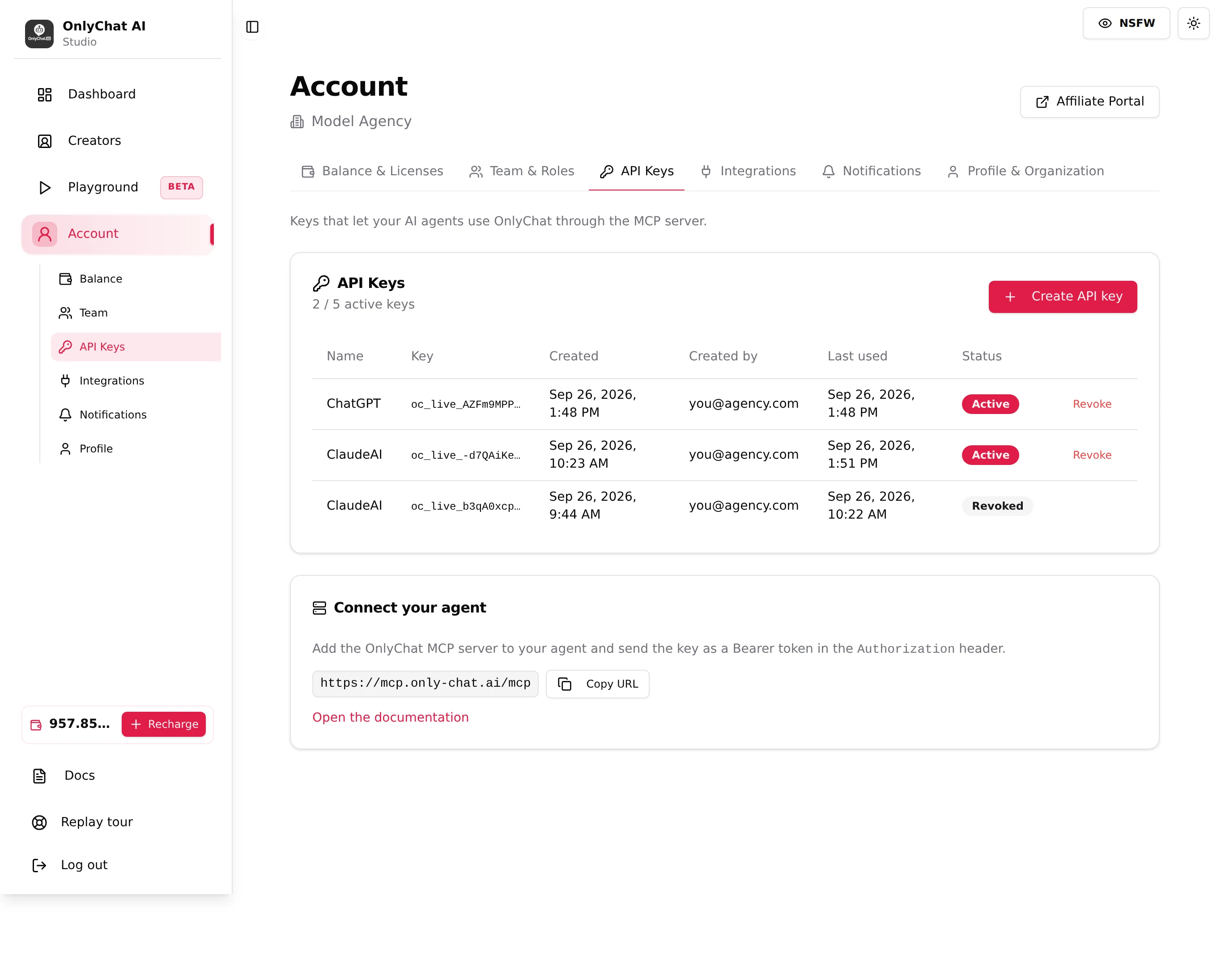 The API Keys table showing name, key preview, created, last used and status, with the Revoke action