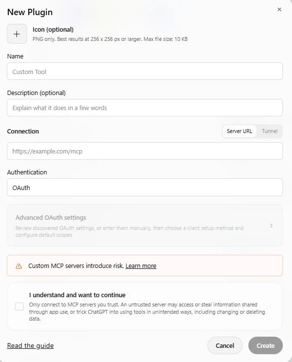 The New Plugin form with Name, Connection Server URL, Authentication, the risk checkbox and Create