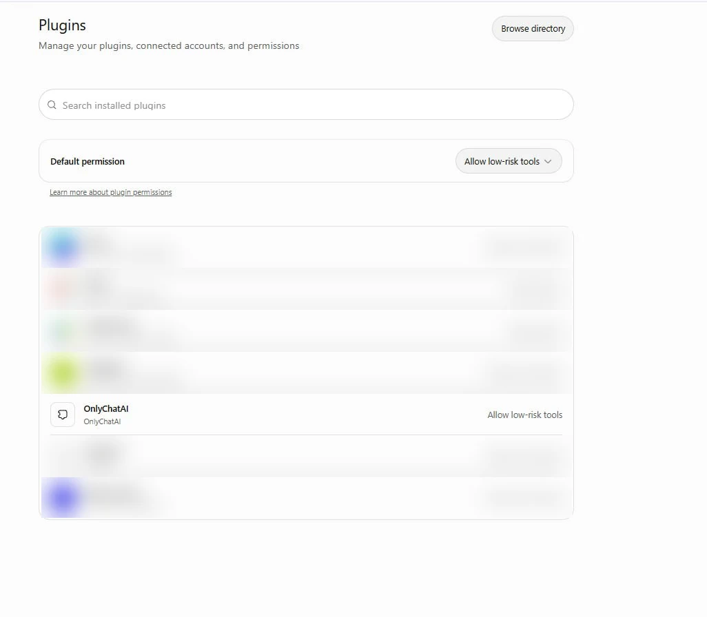 ChatGPT Settings, Plugins page, with the default permission and the OnlyChat plugin in the list