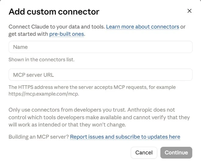 The Add custom connector dialog with the Name and MCP server URL fields