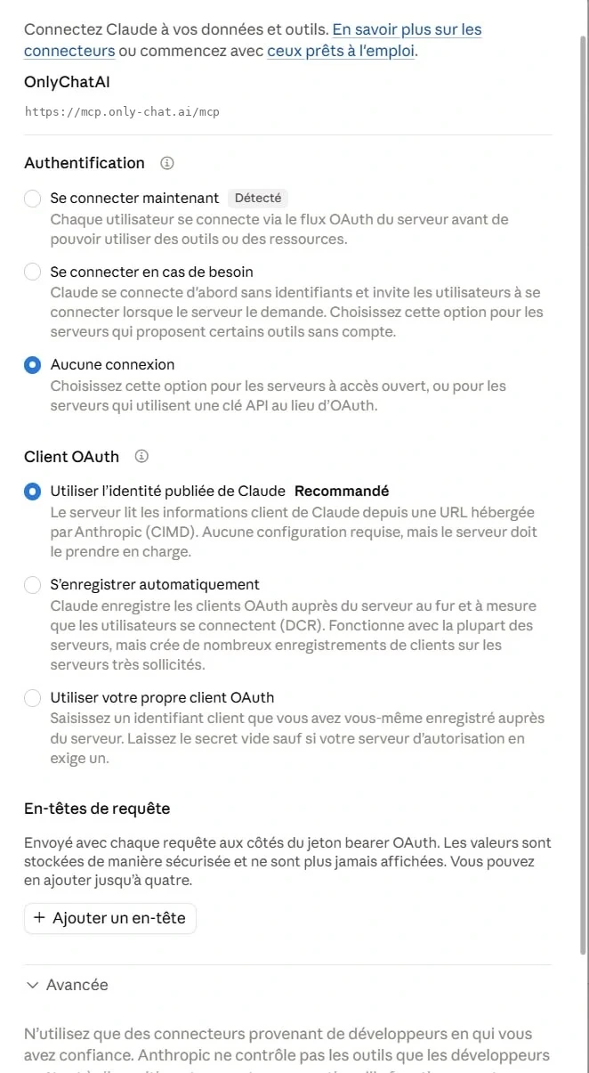 The connector settings in Claude: Authentication set to No connection, and the Request headers section with the Add a header button