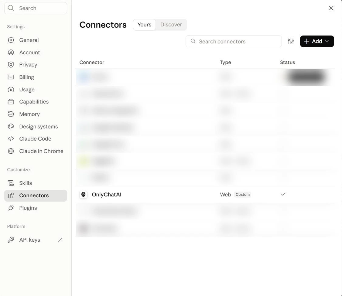 Claude Settings, Connectors page, with the Add button and the OnlyChat custom connector in the list