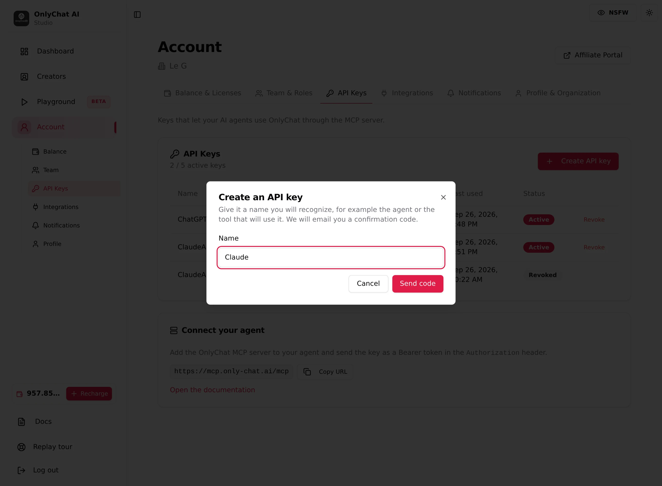 The Create an API key dialog with the name field and the Send code button