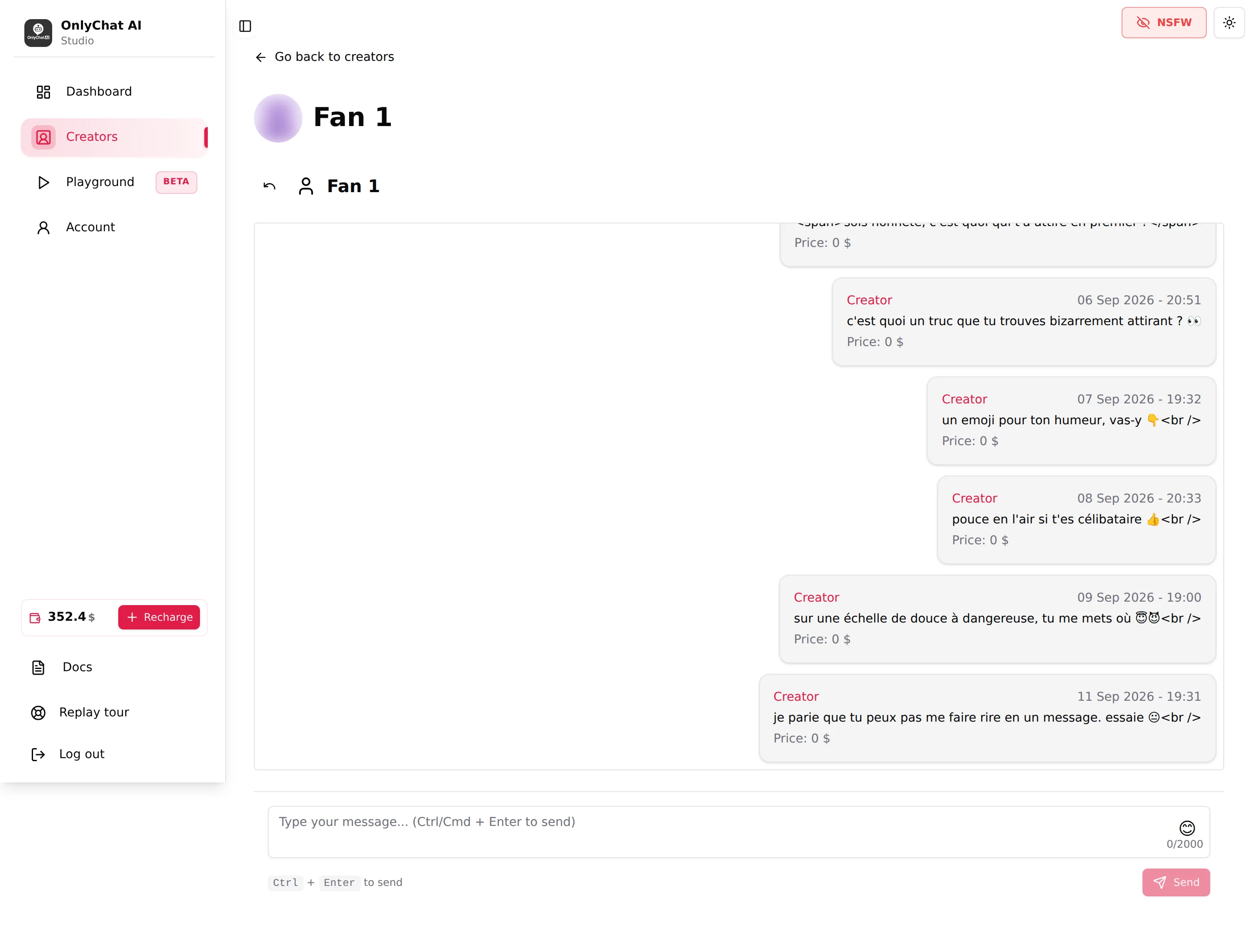 A fan conversation on OnlyFans with the AI's messages and the composer