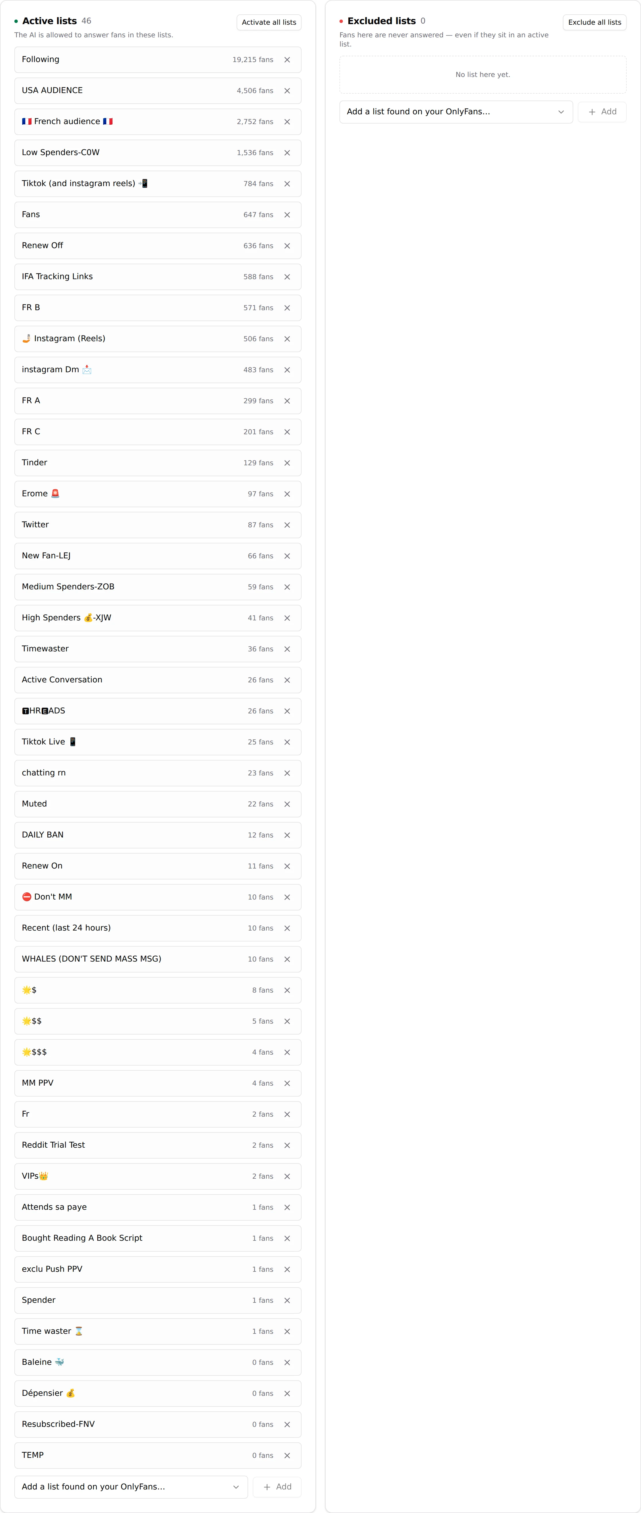 The Active lists and Excluded lists cards with their rows and the Add a list dropdown