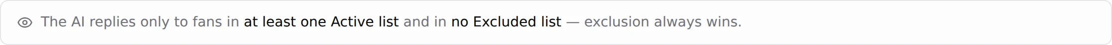 The rule box: the AI replies only to fans in at least one Active list and in no Excluded list