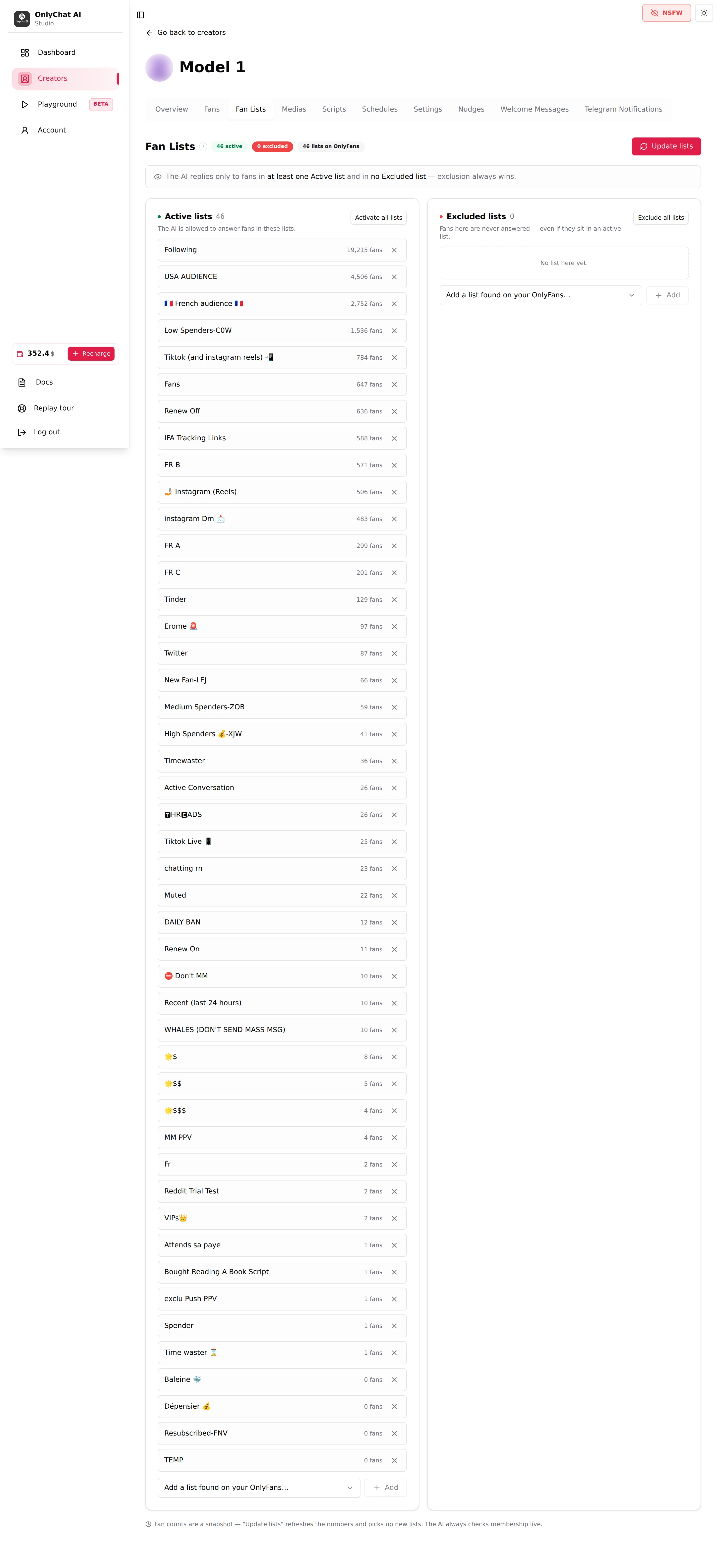 Fan Lists tab with the summary line, the rule, Update lists and the Active lists and Excluded lists cards
