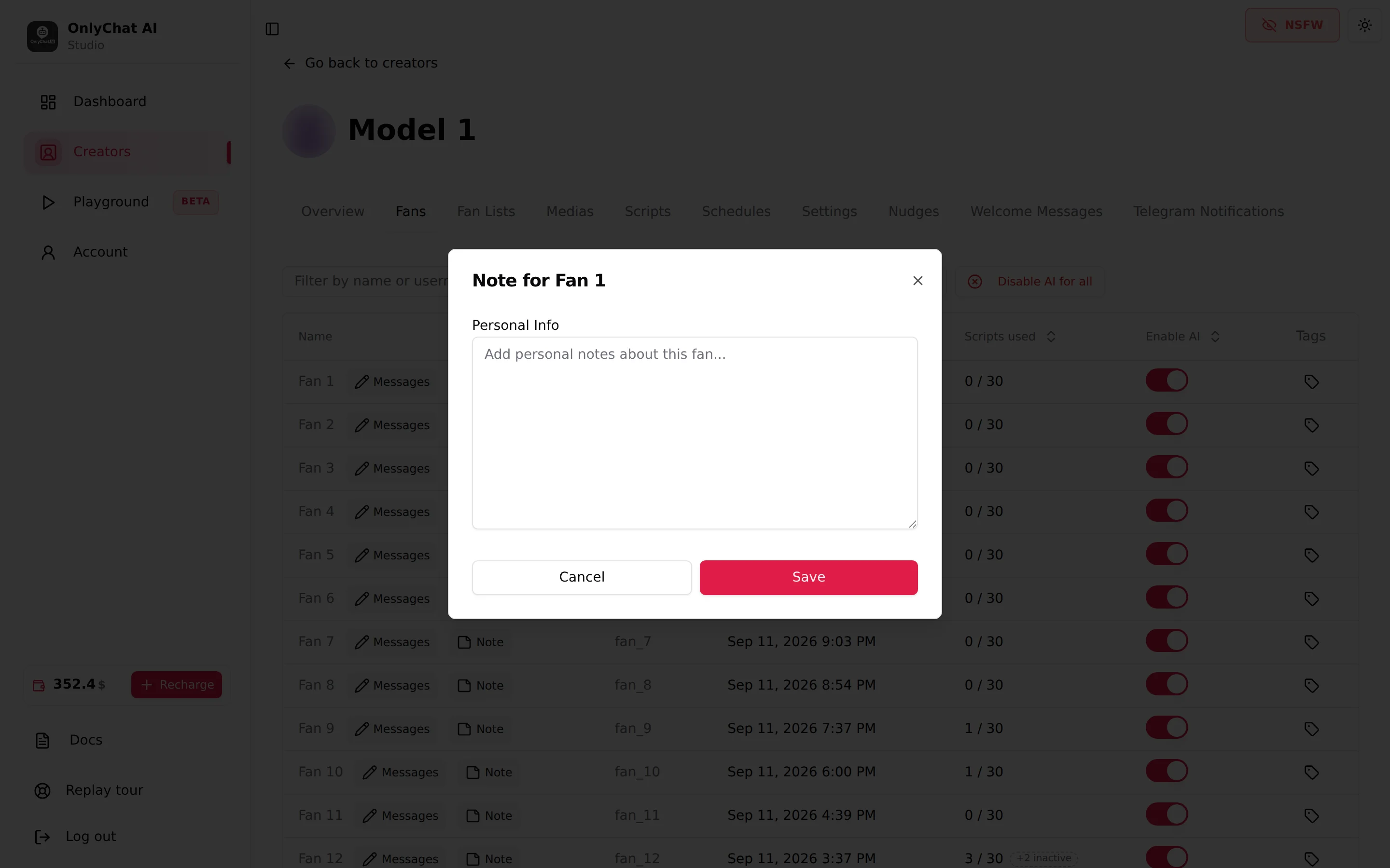 The Note modal for a fan on OnlyFans with the Personal Info field