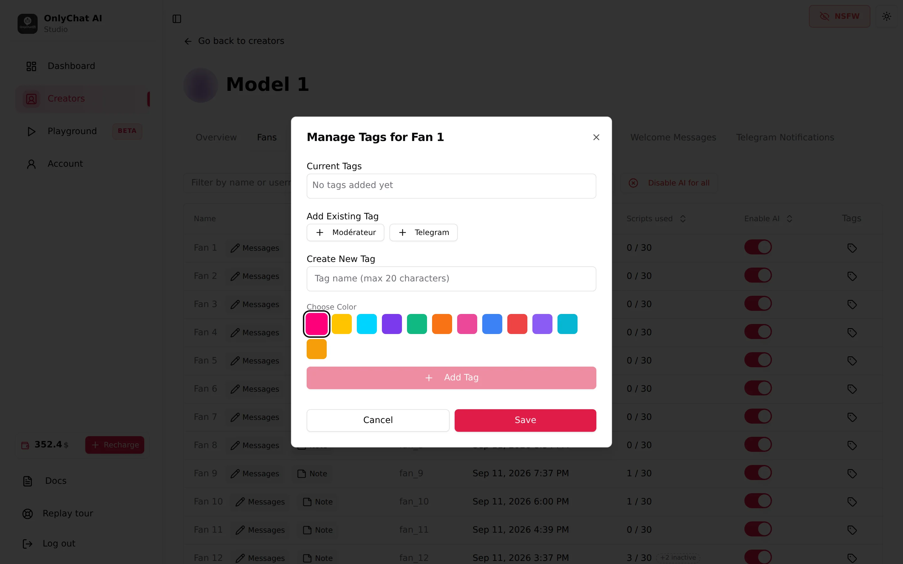 The Manage Tags modal with Current Tags, Add Existing Tag, Create New Tag and the colour palette