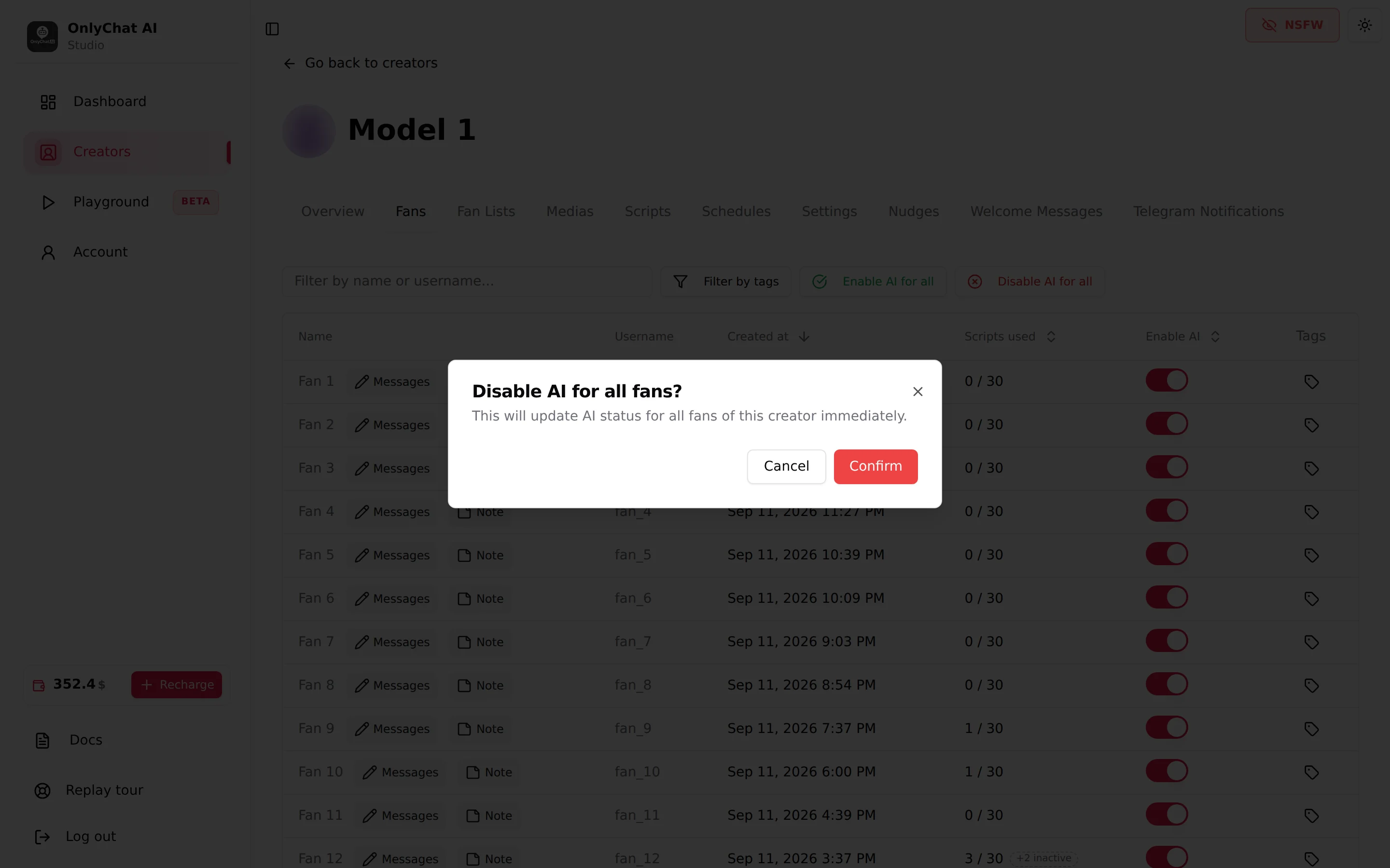 The confirmation dialog opened by Enable AI for all