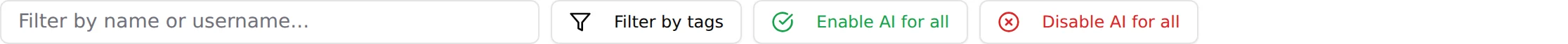 The Fans toolbar: name filter, tag filter, Enable AI for all, Disable AI for all