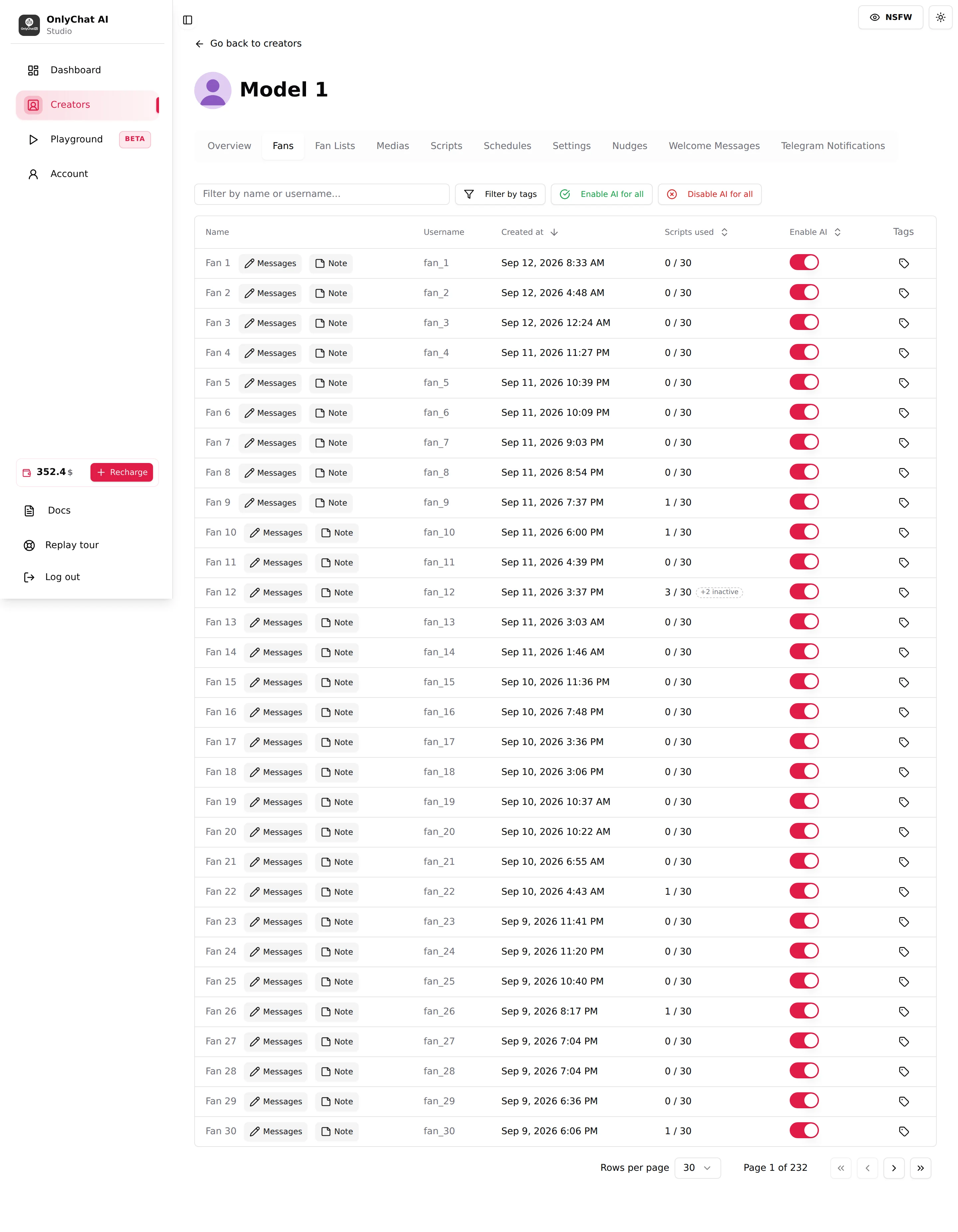 The Fans tab with the Scripts used counter for every fan