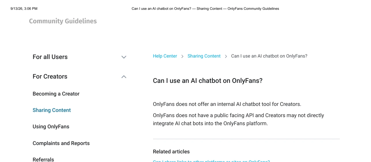 OnlyFans help center, Community Guidelines, answer titled Can I use an AI chatbot on OnlyFans, printed on September 13, 2026
