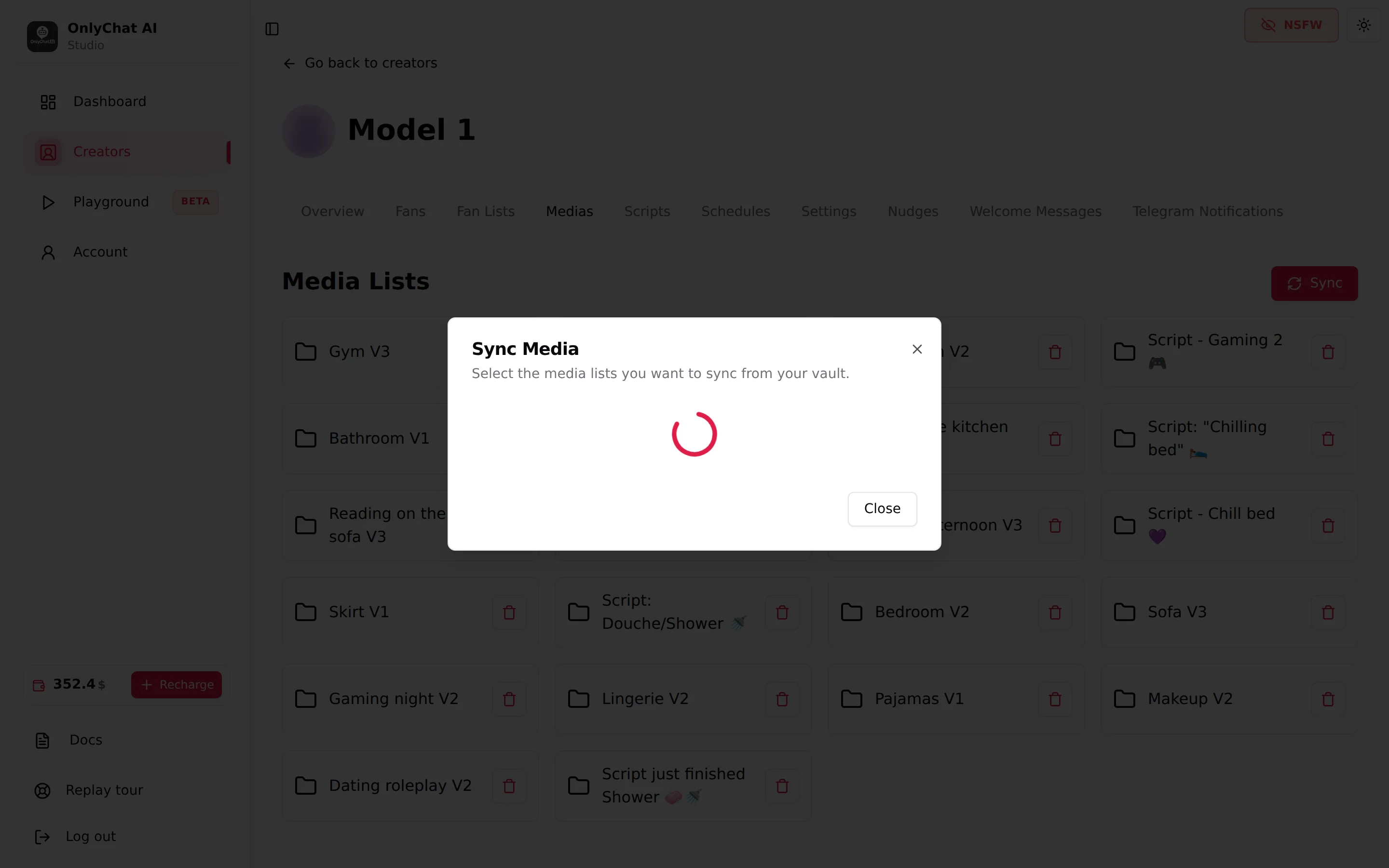 Sync Media modal listing the vault lists with their photo and video counts and the Sync lists button
