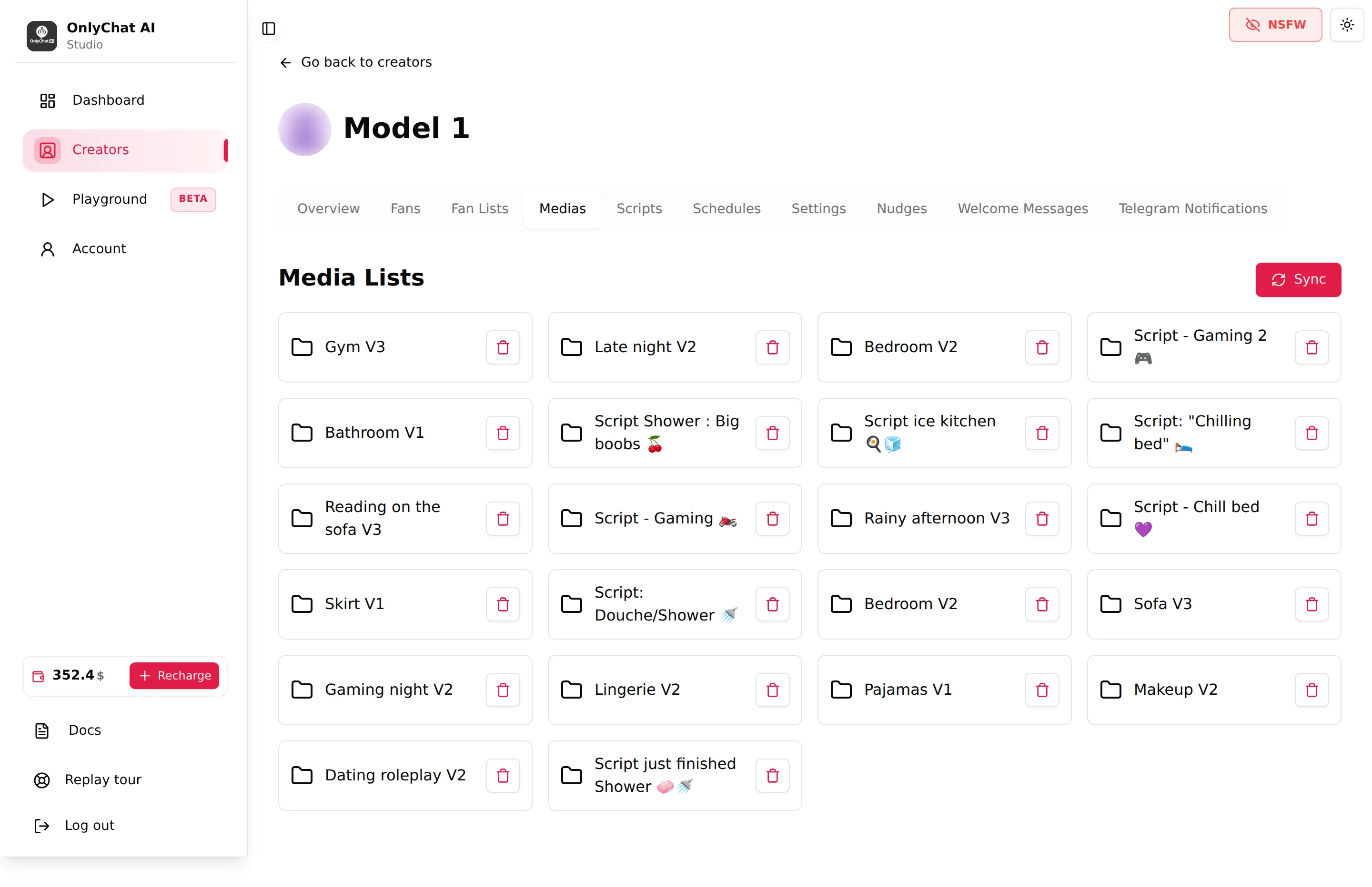 Medias tab of an OnlyFans creator showing the Media Lists card with synced lists and the Sync button