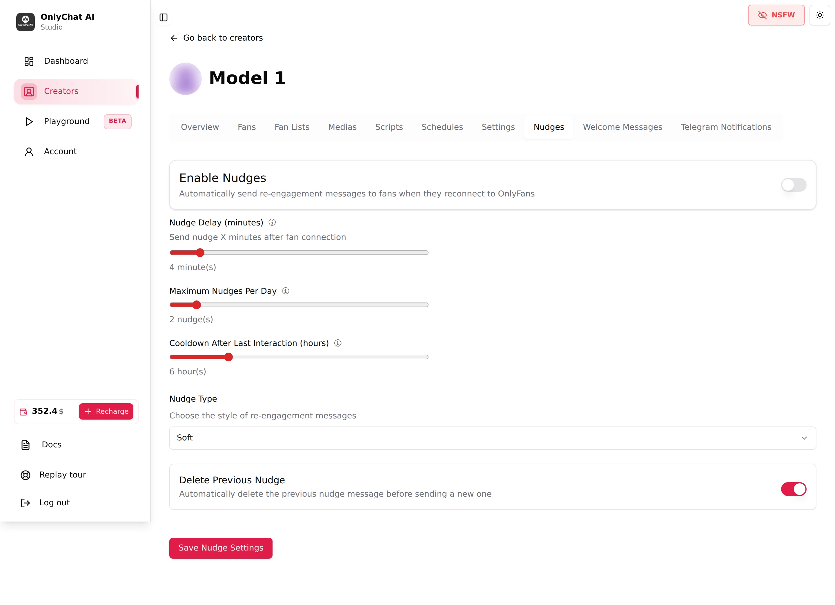 Nudges tab with the Enable Nudges switch and the delay, limits, cooldown and type fields