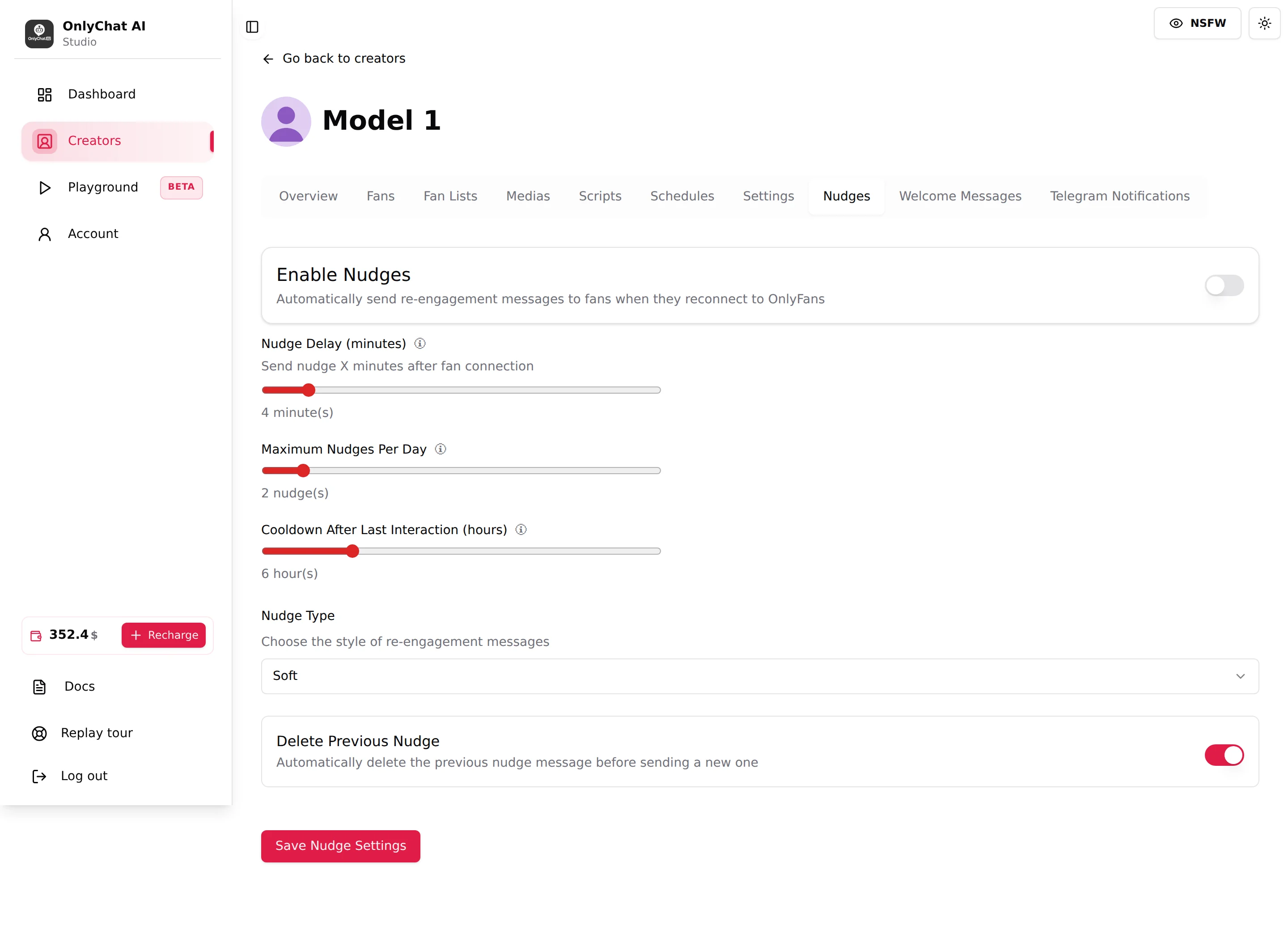 Nudges tab of an OnlyFans creator with the master switch, three sliders, the Nudge Type select and the Delete Previous Nudge switch