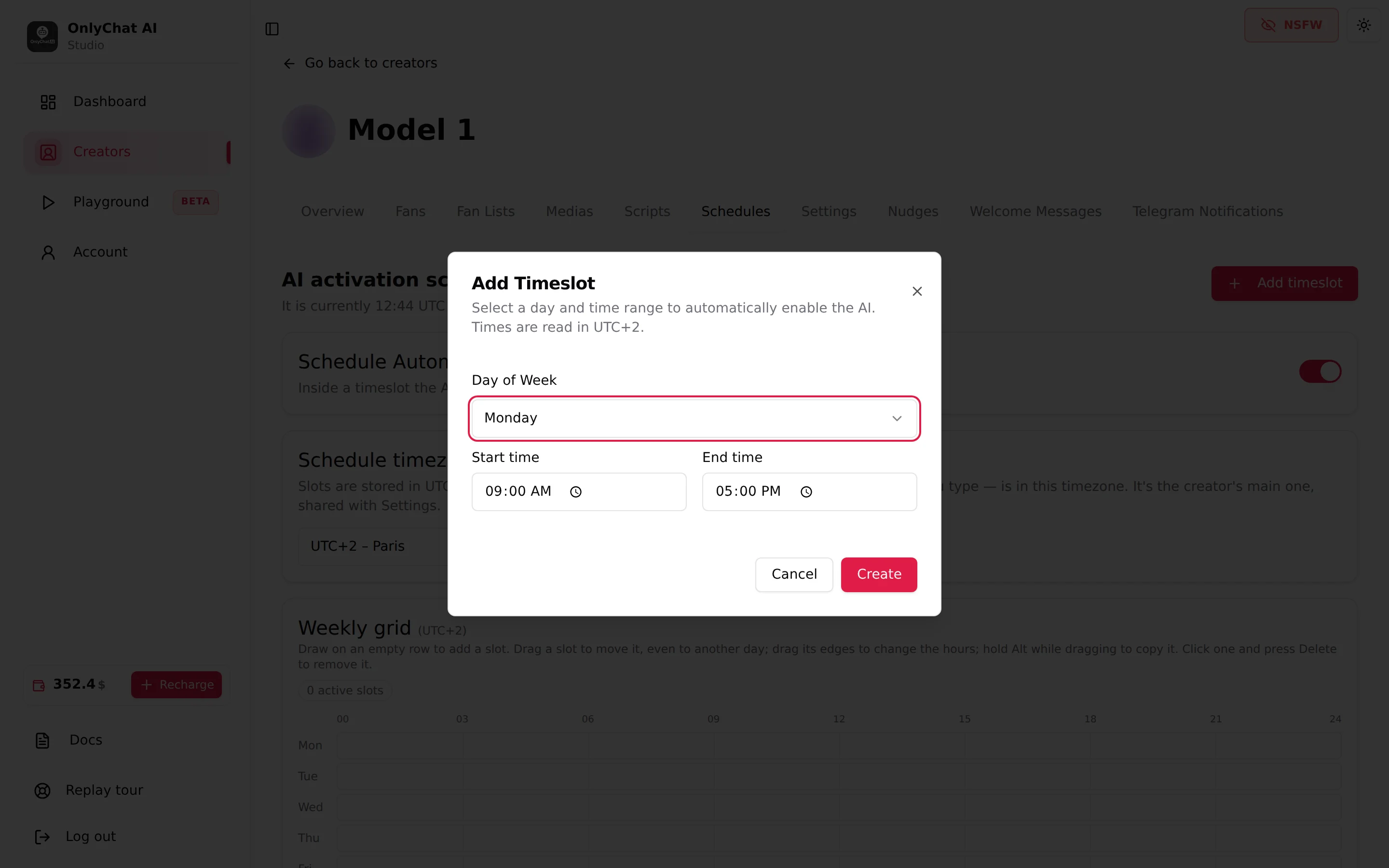 The Add Timeslot form over the Schedules tab