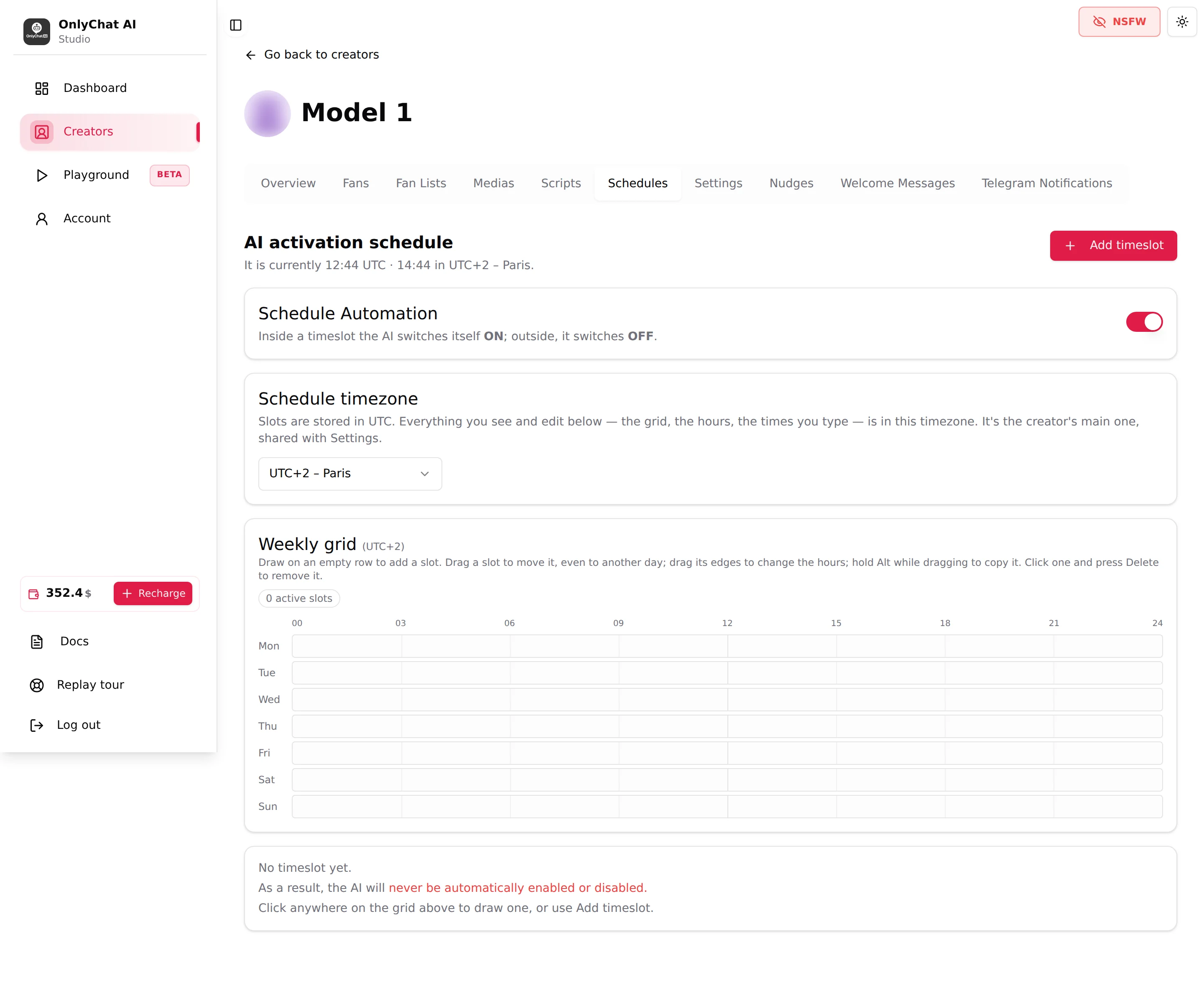 Schedules tab with the Schedule Automation switch, the Schedule timezone select and the Weekly grid