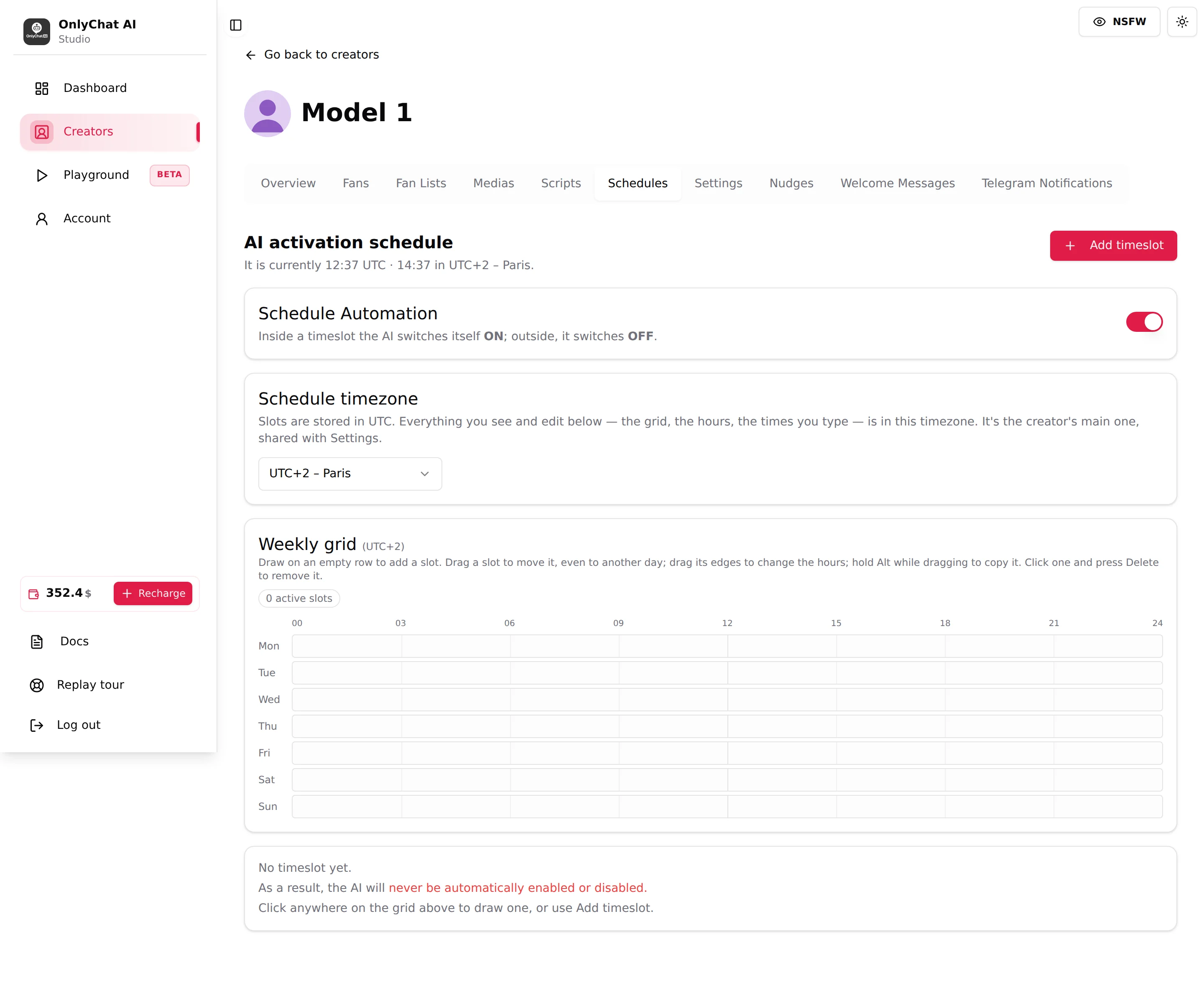 The Schedules tab with the automation switch, timezone, weekly grid and empty timeslot list
