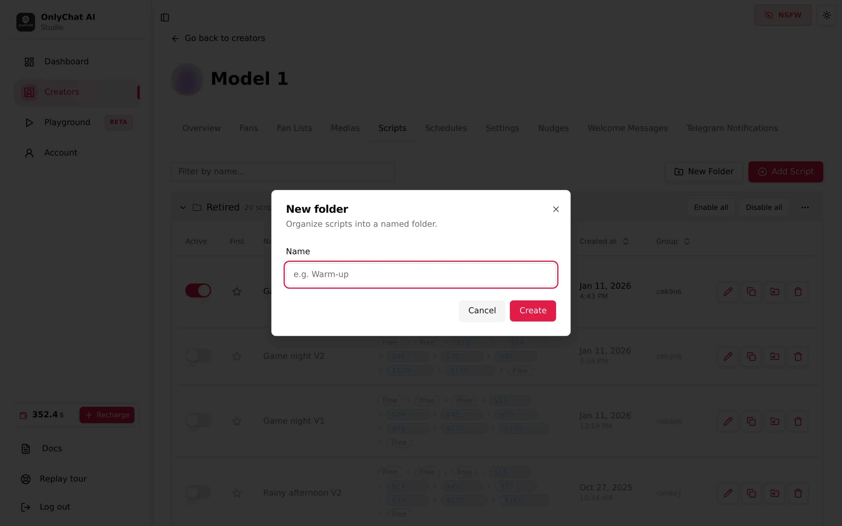 The New folder modal with its Name field and the Create button