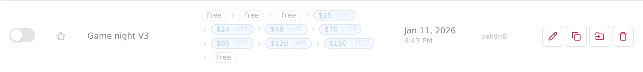 The four action icons of a script row: Edit, Create Variation, Move to folder and Delete