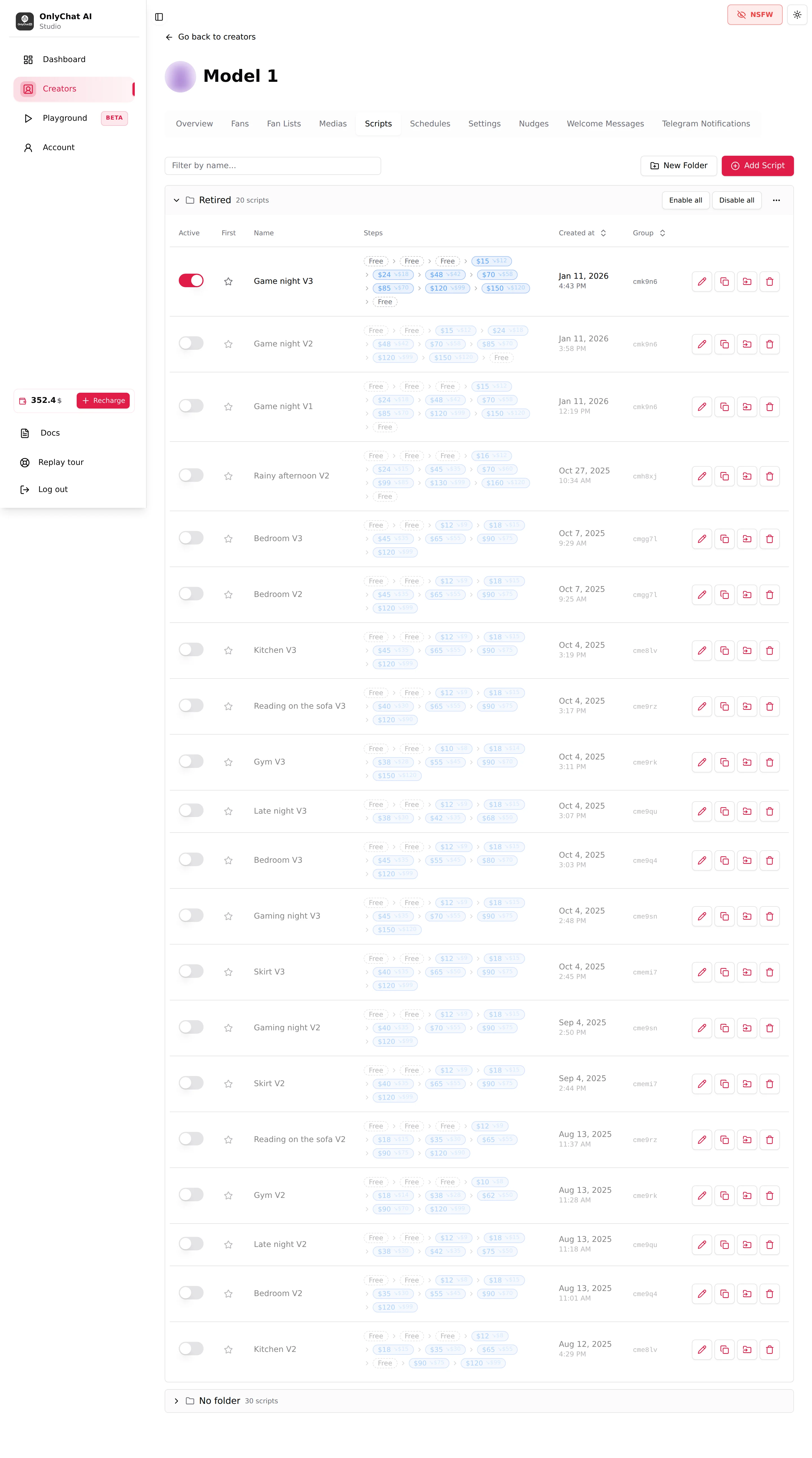 Scripts tab of an OnlyFans creator with a folder, the Active and First columns, and the Steps column showing free and paid chips